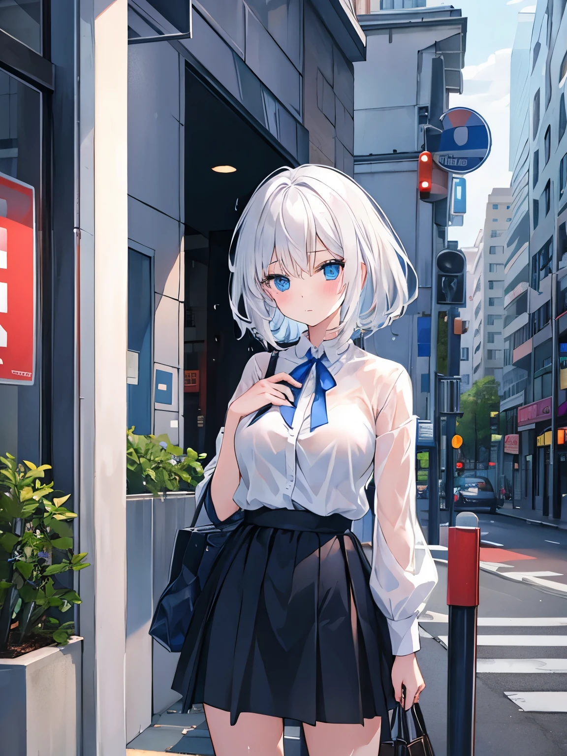 1girl in, Medium White Hair, Beautiful sky blue eyes, Cute, blush, medium breasts,wet and transparent clothes, rainy, urban area, wet hair, wet body, transparent bra