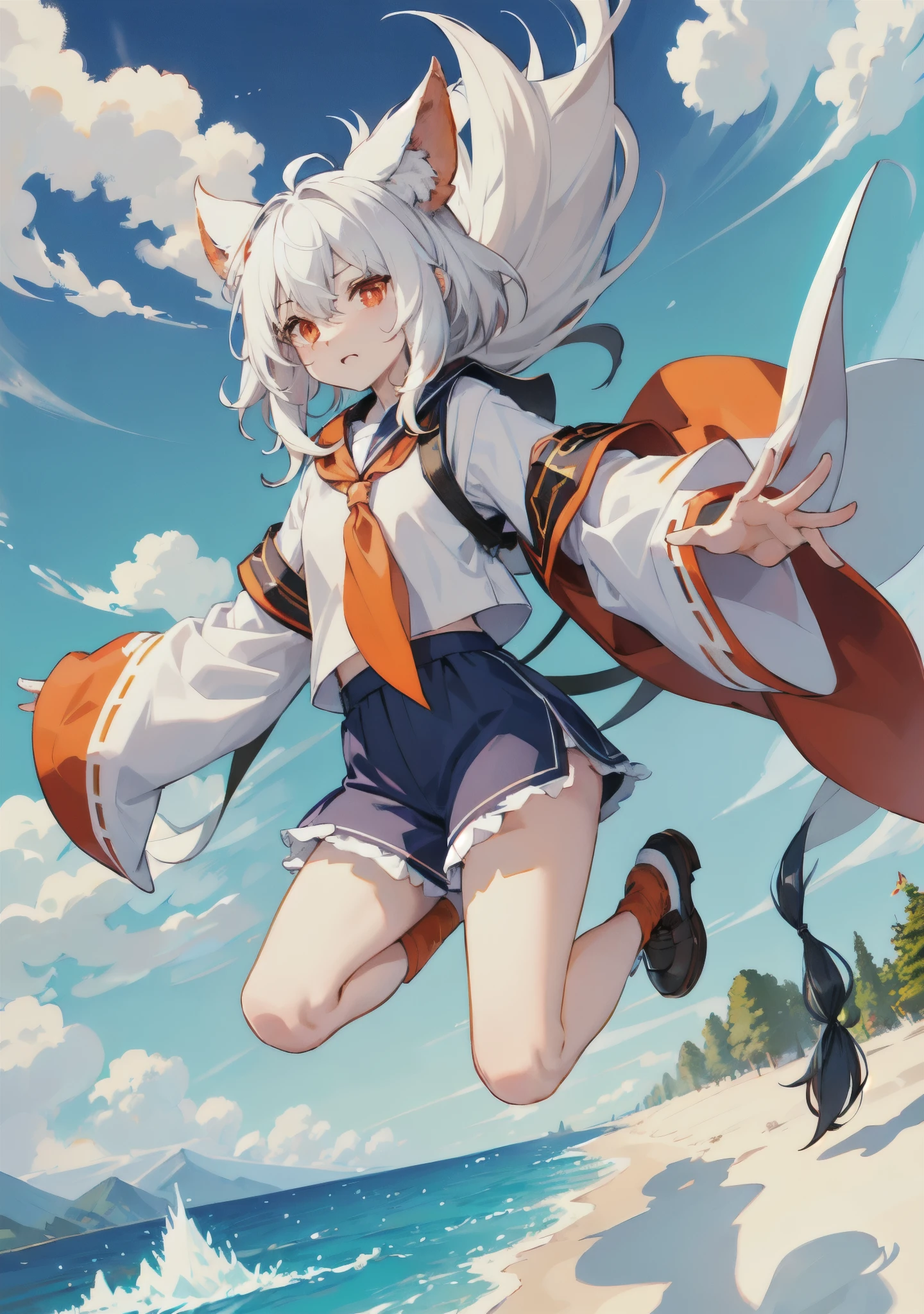 Eyes are bright,panoramic,Character focus,solo,hairy,hairy male,male focus,Hana charcoal,(Full body fur,hairy的尾巴,off-white fur,orange-red eyes,white hair,blue school uniform,blue shorts:1.2)background grassland,Running on the steppe