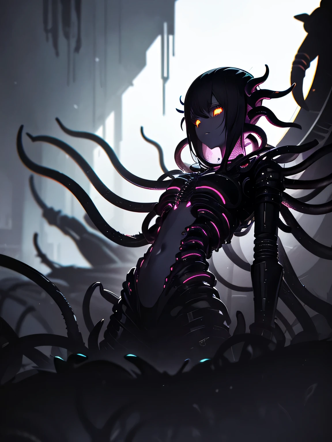 White skin monster, with vein tentacles, creepy, three eyes, tall, skinny, male skinny body