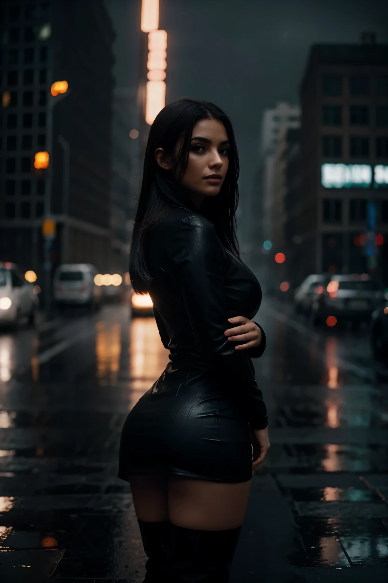 (the most beautiful milf in the world) straight hair wearing tight mini dress with knee high boots, high resolution, ultra-detailed photograph of a solitary character standing on the edge of a building, heavy rain pouring down, intense darkness, cinematic atmosphere, city lights reflecting on wet surfaces, dramatic shadows, silhouette against the urban backdrop, captured with professional DSLR camera, trending on Artstation, 64k resolution, ultra-accurate details, bokeh lighting, surrealism, intricate, captured by renowned photographer, dark and moody ambiance, isolated figure, captivating rain-soaked environment. 
