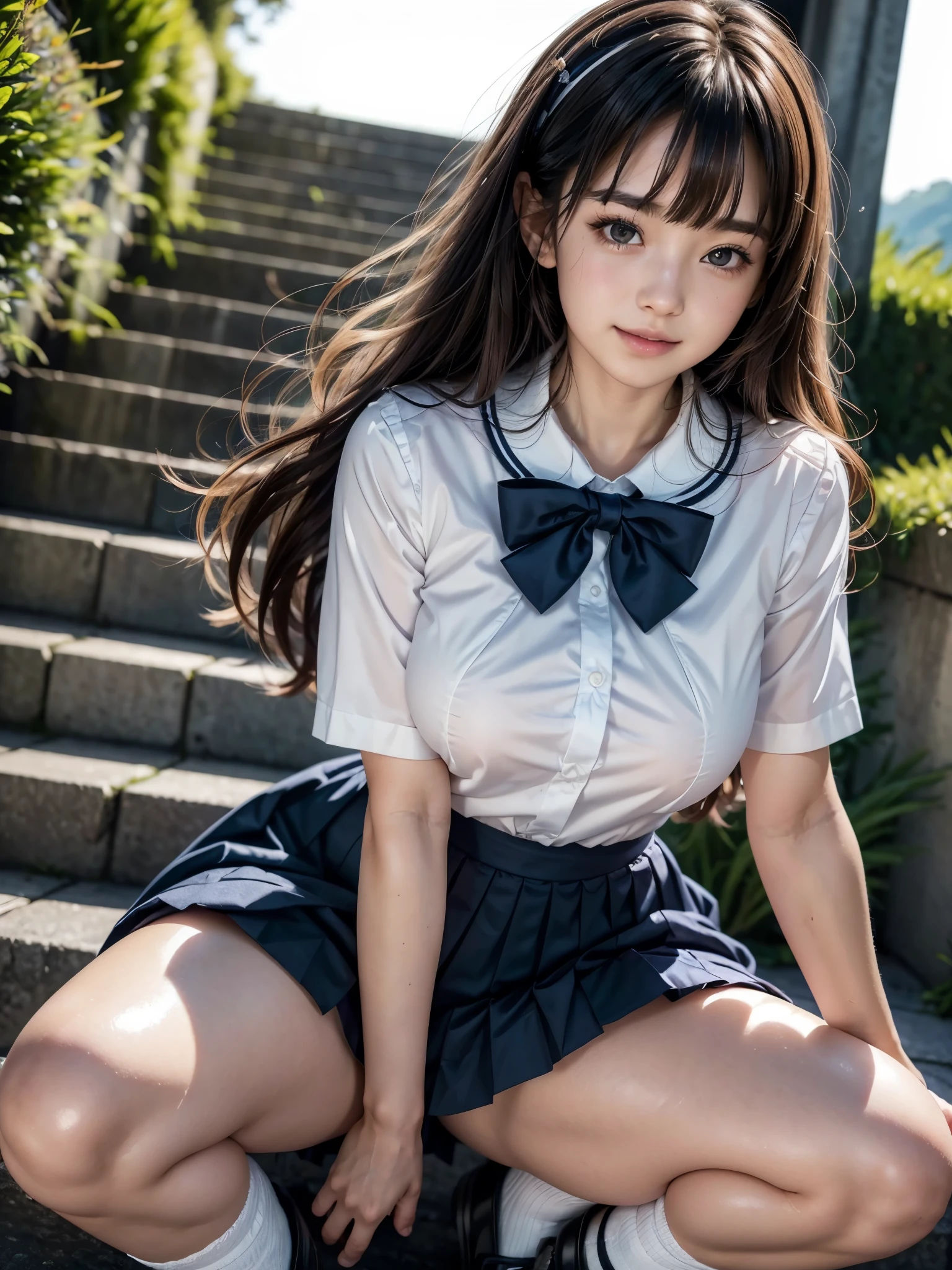 (masterpiece:1.3), (8K、photorealistic, Raw photo, best quality:1.2), (solo), (1 girl), (so beautiful:1.3), ((very beautiful 18 year old japanese girl)), (Symmetrical perfect face), (beautiful brown hair, bangs), hair is messy, (intense black eyes, strong eye highlights, realistic eyes, beautiful eyelashes), (wonderful smile, cheeks are red), (Accurate and natural normal size breasts), perfect anatomy, (high detail skin: 1.2), Photorealistic anime girl rendering, Realistic anime 3d style, dynamic angle, perfect body, (sailor suit), ((white short-sleeved shirt with a navy collar, girls high school uniform, Plain pleated skirt in dark blue, navy blue bow tie, white knee socks, black leather shoes)), (Luxury white silk bra and panties), accurate arm, five fingers, accurate legs, refreshing morning, (Beautiful Landscape Background), (Outdoor stairs in plateau tourist destination), Angle looking up from the bottom of the stairs, Very embarrassed, panic smile, turn around, leaning forward, ((The wind flipped my skirt and exposed my butt...................., think back, silk lace panties, shiny thighs)), volume lighting, soft light, bright, neon, Bright colors