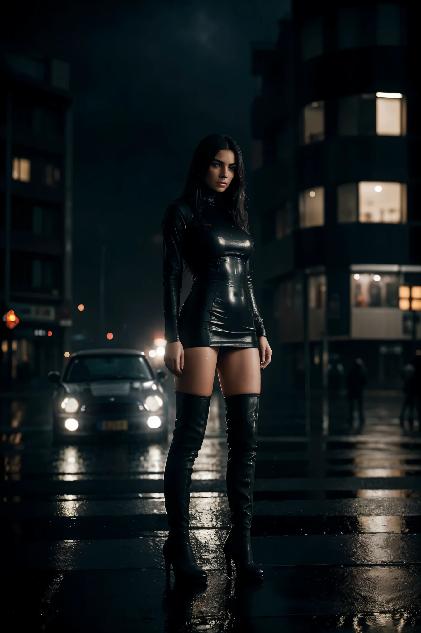 (the most beautiful milf in the world) straight hair wearing tight mini dress with knee high boots, high resolution, ultra-detailed photograph of a solitary character standing on the edge of a building, heavy rain pouring down, intense darkness, cinematic atmosphere, city lights reflecting on wet surfaces, dramatic shadows, silhouette against the urban backdrop, captured with professional DSLR camera, trending on Artstation, 64k resolution, ultra-accurate details, bokeh lighting, surrealism, intricate, captured by renowned photographer, dark and moody ambiance, isolated figure, captivating rain-soaked environment.