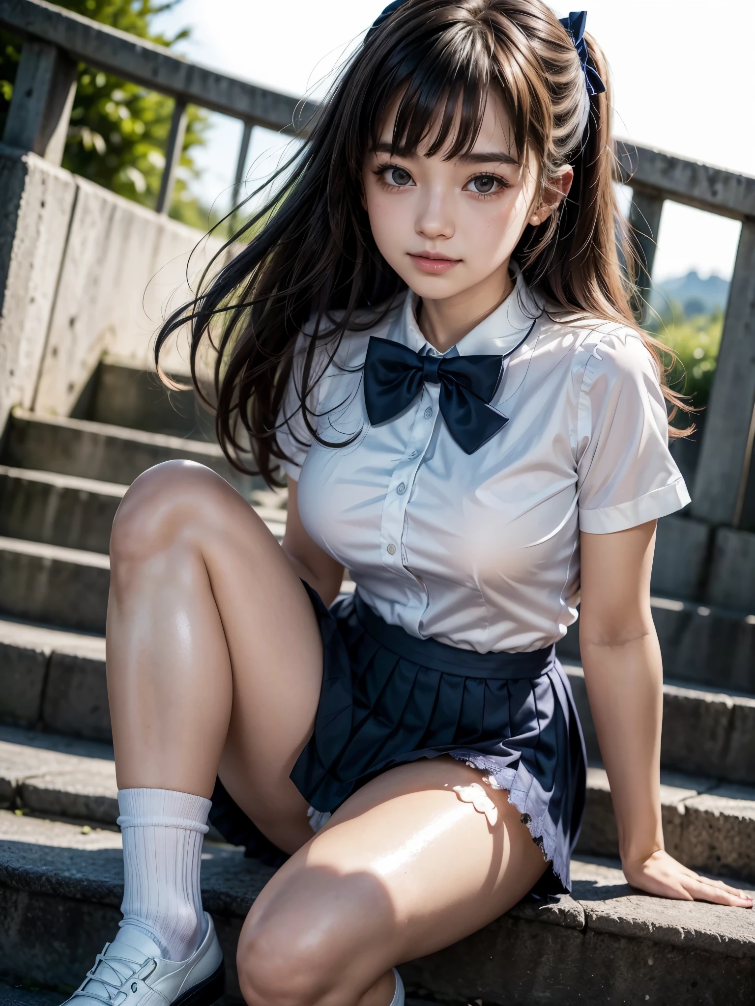 (masterpiece:1.3), (8K、photorealistic, Raw photo, best quality:1.2), (solo), (1 girl), (so beautiful:1.3), ((very beautiful 18 year old japanese girl)), (Symmetrical perfect face), (beautiful brown hair, bangs), hair is messy, (intense black eyes, strong eye highlights, realistic eyes, beautiful eyelashes), (wonderful smile, cheeks are red), (Accurate and natural normal size breasts), perfect anatomy, (high detail skin: 1.2), Photorealistic anime girl rendering, Realistic anime 3d style, dynamic angle, perfect body, (sailor suit), ((white short-sleeved shirt with a navy collar, girls high school uniform, Plain pleated skirt in dark blue, navy blue bow tie, white knee socks, black leather shoes)), (Luxury white silk bra and panties), accurate arm, five fingers, accurate legs, refreshing morning, (Beautiful Landscape Background), (Outdoor stairs in plateau tourist destination), Angle looking up from the bottom of the stairs, Very embarrassed, panic smile, turn around, leaning forward, ((The wind flipped my skirt and exposed my butt...................., think back, silk lace panties, shiny thighs)), volume lighting, soft light, bright, neon, Bright colors