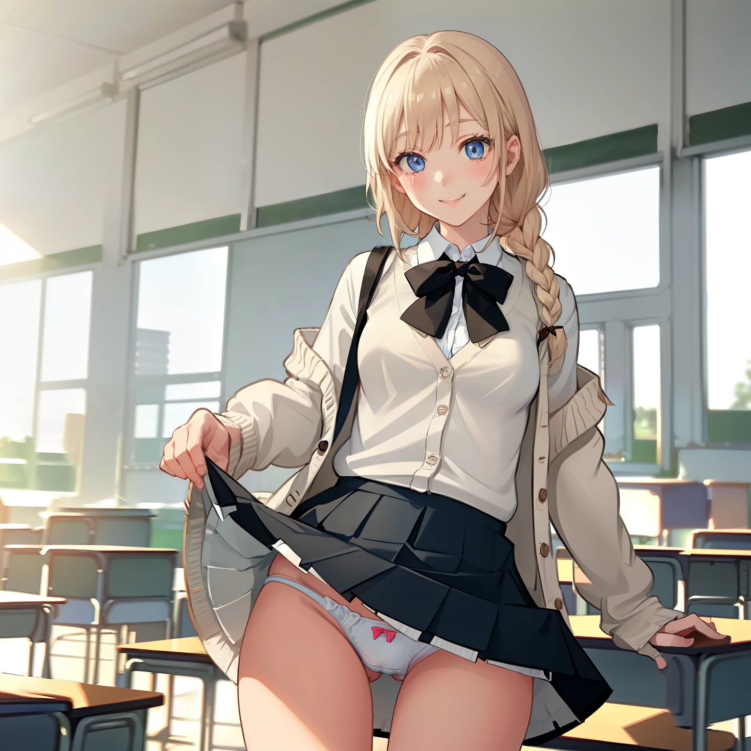((1 girl))、(smile:1.5)、small breasts、(cowboy shot)、(fun!!)、(white cardigan:1.5)、(blonde)、blush、(single braid)、(eye highlights:1.3)、blake black footwear,(黒いskirt)、bow, button, shirt with collar, long sleeve, ((red bow tie, , black jacket, open jacket, brown cardigan, white shirt, 黒のskirt, チェック柄のskirt、white socks)),, shirt,, skirt, socks, thighs, white shirt, rest indoors, ((classroom:1.5))、 BREAK While watching the audience、(skirtを掴む:1.0)、 (perfect hands, perfect anatomy),cowboy shot、(skirt lift:1.3),(highly detailed white panties:1.3)、(highly detailed panties:1.3)、、(skirt that rolls up:1.3)、(fully exposed panties:1.5)、blue eyes