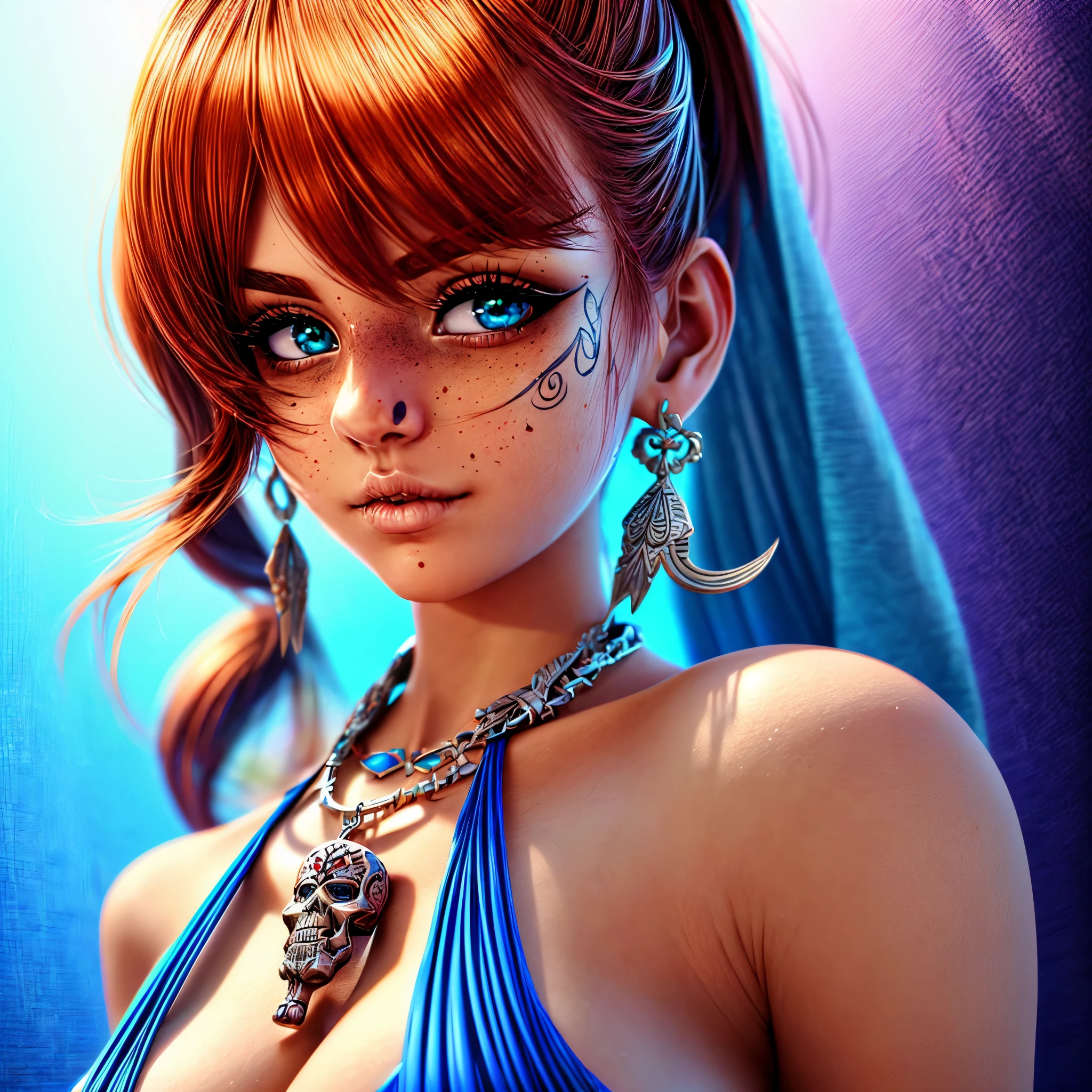 "((Animee)) book cover for Star Wars, dramatic scenes, ((expressive characters)), futuristic details, vibrant and ((captivating colors)), dynamic composition,Back-View:3 Style Fullbodye "Dia de los Muertos" Tattoo Eiffel ❤ Heart ((ultra detailed)),((Bright eyes)), (Detailed eyes) , heavy necklace blink blink indigo Earth turquoise hearth sundrop jewelry, (The Little Faux Freckles Makeupgirl symmetrical meticulous intricate (Dia de los Muertos) shiny facial skin), ((ultra realistic skin)), ((ultra sharp-focus detailed 2 straps on the shoulders of dress)) , with colorful hair and a colorful dress, rossdraws pastel vibrant, rossdraws cartoon vibrant, style anime UHD, beautiful portrait, artgerm colorful!!!, ! dream artgerm, epic beautiful anime girl, styled digital HDR, art wallpaper tmasterpiece, extremely detailed, reflection, varies multi etc. --v 6 --s 1000 --c 20 --q5 --chaos 100