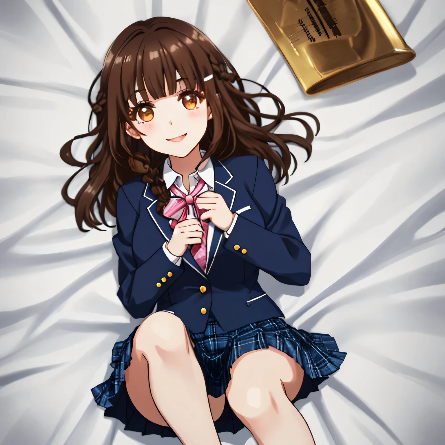 highest quality, (masterpiece:1.2), very detailed, A girl looks at the viewer and smiles, Glossy lips that make you want to kiss, nice smile, brown eyes, (((dark brown hair))), 15 years old, Shining bob hair, school uniform, Dark blue and navy plaid skirt, middle long skirt, white shirt, Luxurious navy blazer with a golden patch on the left chest, big school ribbon tie, very shiny hair、laughter、bright look、Your face and hair shine in the light, The corners of the eyes are drooping, Cute braids, I'm so happy I can jump up, The expression of a maiden in love, (((bob hair))), The long skirt fabric has a beautiful deep blue checkered pattern.., A gentle and cute expression staring at the viewer, double eyelid, ((long eyelashey lower eyelashes are also long)) ((Thighs and knees are hidden by the skirt)), ((Lying on the finest pink bed)),white socks, I can see all the way to my legs