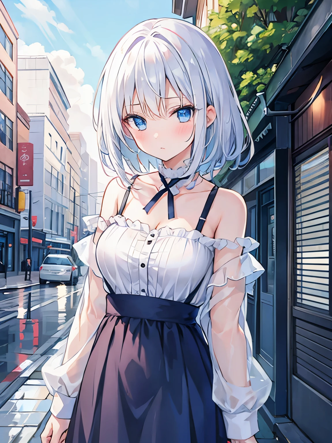 1girl in, Medium White Hair, Beautiful sky blue eyes, Cute, blush, medium breasts,wet and transparent clothes, rainy, urban area, wet hair, wet body,