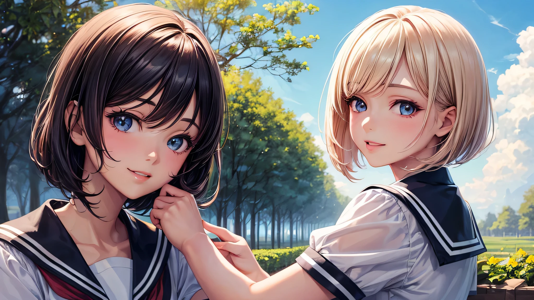 (2 girls:1.2), incredibly beautiful face,, shining smile, short bob, (school uniform, mini skirt:1.2), (highest quality: 1.4), (Super detailed), (highest quality:1.4), (super detailed), Day光, Sunny, cloud, Day,  blue sky, (anime illustration), very high resolution, (Upper body), close up face