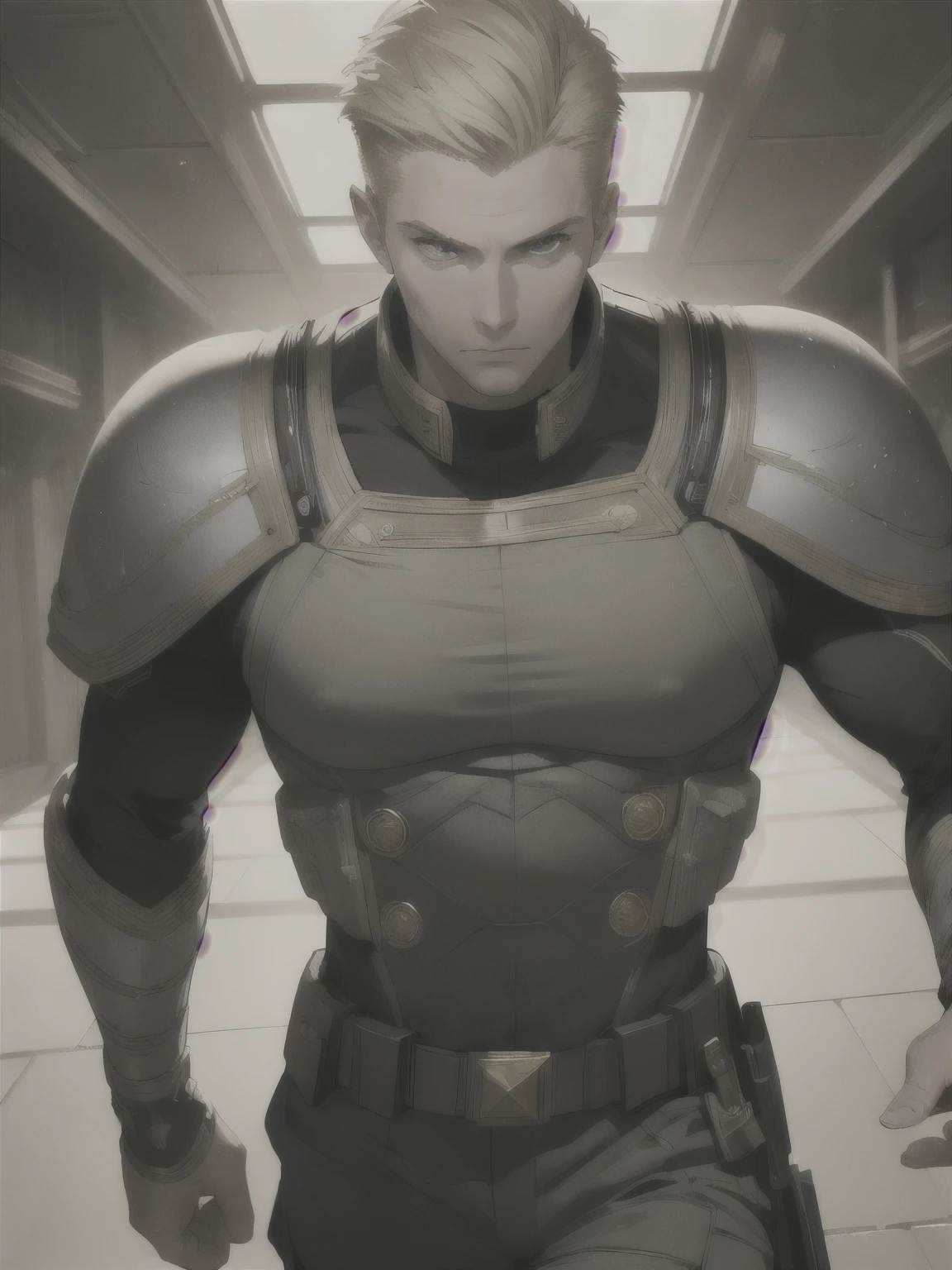 (masterpiece, best quality, super detailed, best shadows), (detailed background,) sci-fi liberator captain blond young strong confident strong healthy strong military uniform man