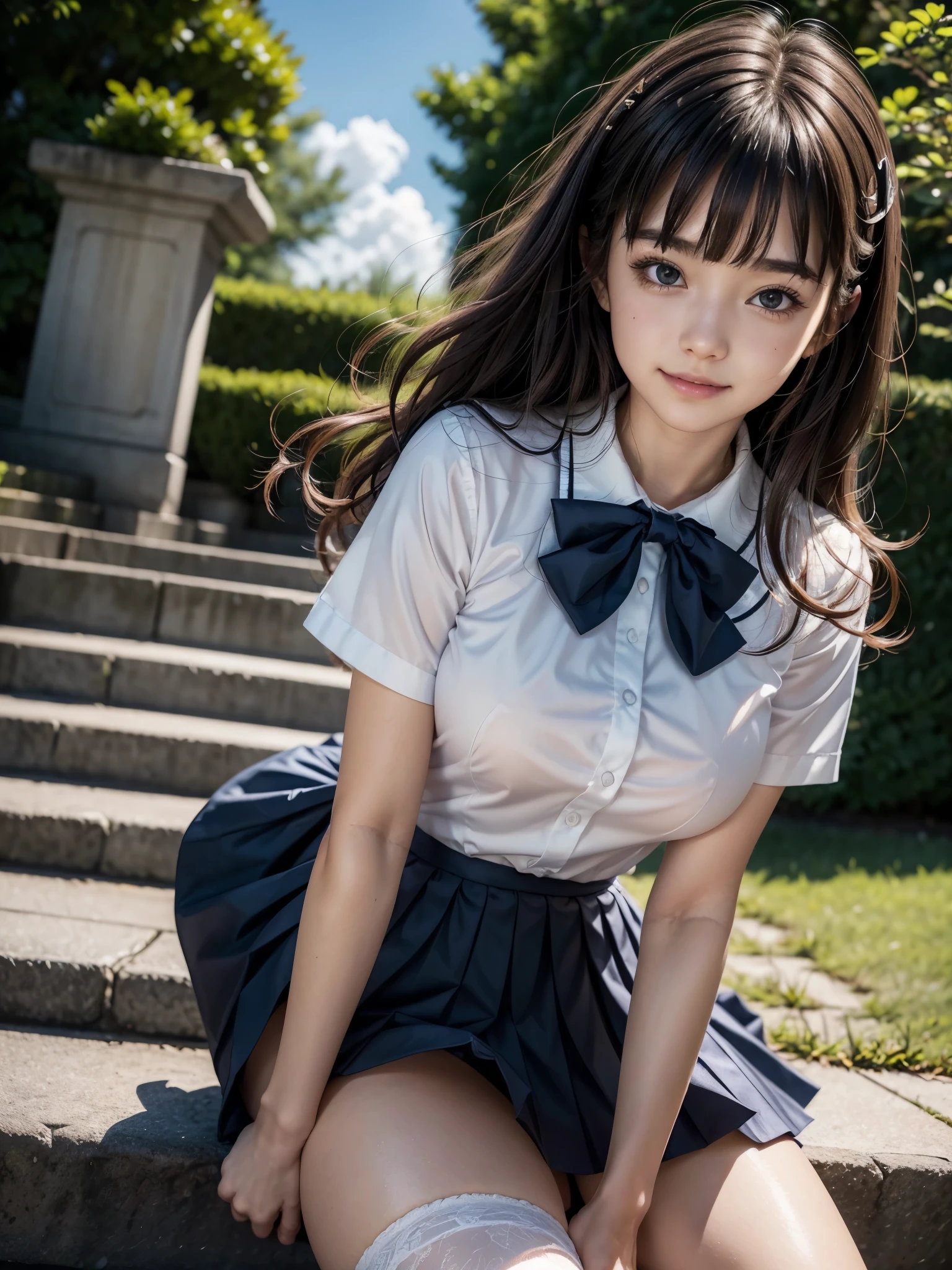 (masterpiece:1.3), (8K、photorealistic, Raw photo, best quality:1.2), (solo), (1 girl), (so beautiful:1.3), ((very beautiful 18 year old japanese girl)), (Symmetrical perfect face), (beautiful brown hair, bangs), hair is messy, (intense black eyes, strong eye highlights, realistic eyes, beautiful eyelashes), (wonderful smile, cheeks are red), (Accurate and natural normal size breasts), perfect anatomy, (high detail skin: 1.2), Photorealistic anime girl rendering, Realistic anime 3d style, dynamic angle, perfect body, (sailor suit), ((white short-sleeved shirt with a navy collar, girls high school uniform, Plain pleated skirt in dark blue, navy blue bow tie, white knee socks, black leather shoes)), (Luxury white silk bra and panties), accurate arm, five fingers, accurate legs, refreshing morning, (Beautiful Landscape Background), (Outdoor stairs in plateau tourist destination), Angle looking up from the bottom of the stairs, Very embarrassed, panic smile, turn around, leaning forward, ((The wind flipped my skirt and exposed my butt...................., think back, silk lace panties, shiny thighs)), volume lighting, soft light, bright, neon, Bright colors