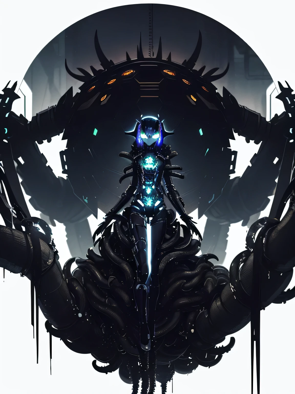 ((dark biopunk art)), (biopunk atmosphere), (biopunk horror), beautiful mechanical girl, beautiful mechanized girl, steelwork, ((black plating)), dark black skin, black skin, glowing mechanical hair, (short clothing), open belly, light from within, (((lots of tentacles))), lots of liquids, cold lighting, highly detailed art