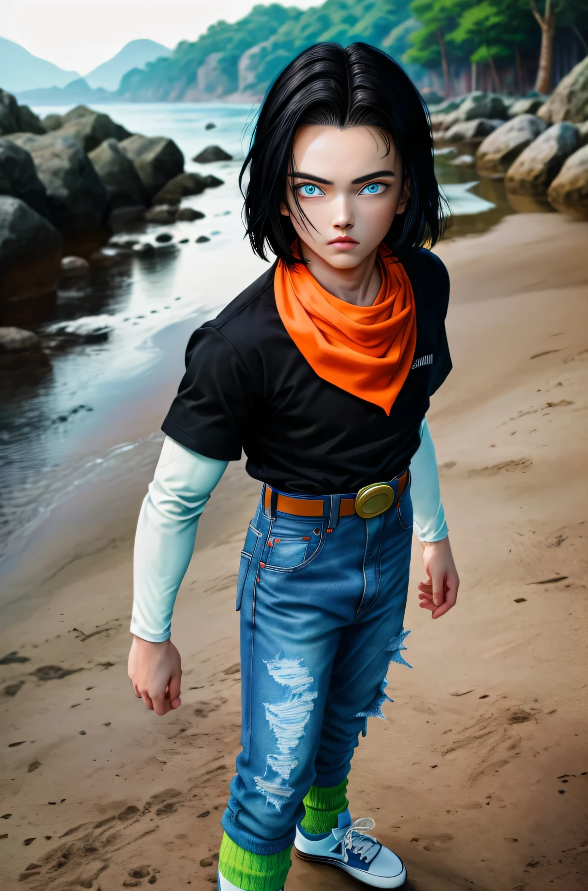 (masterpiece), best quality, expressive eyes, perfect face, highres, 1 boy, solo, android 17 , (male body:1.3), blue eyes, black short hair,parted hair,short hair, black shirt, jeans, layered shirt, white sleeves,orange bandana, blue sneakers, green socks, brown belt, red patch, outdoor, landscape, standing on floor, portrait, looking at the viewer, An exquisite masterpiece of top quality and high resolution featuring Marnie. Big sleepy eyes, Aqua eyes、Glowing under the dim light. black short hair, magazine style, dark backbround, pierce look at the camera