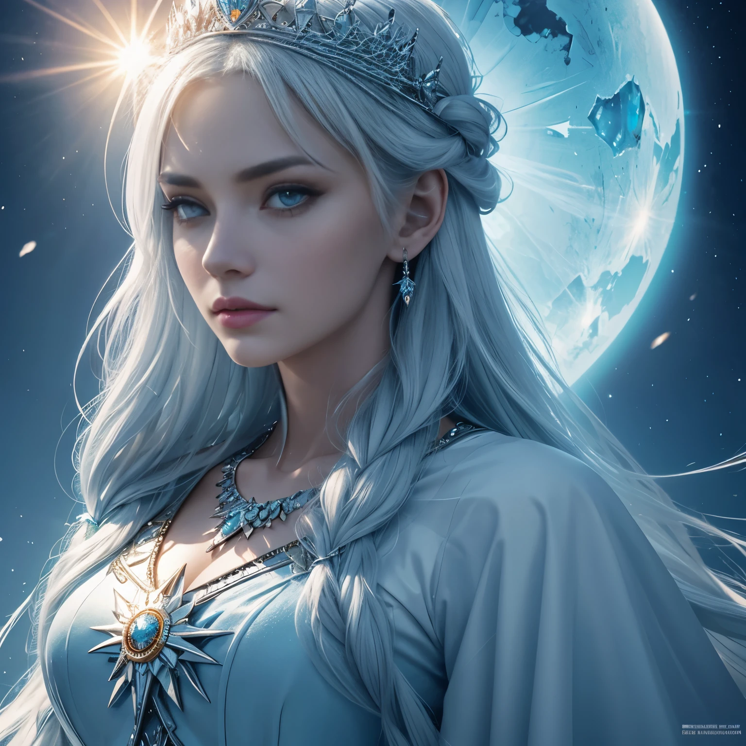 `Ice queen of the kingdom with the sun in the background, High resolution, rich in details`