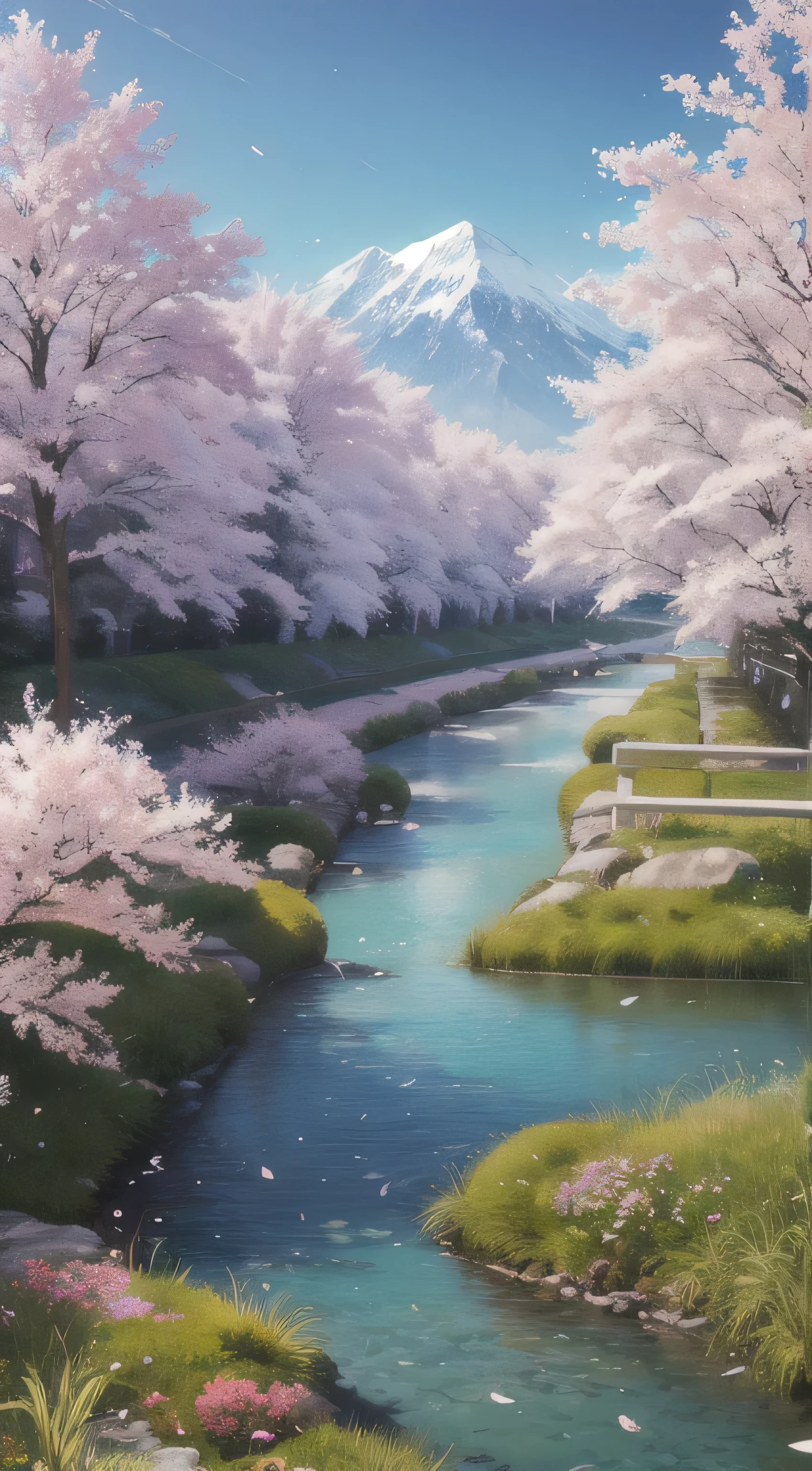 (masterpiece, highest quality, highest quality, official art, cosmetology and aesthetics: 1.2), very detailed, colorful, most detailed, branch, mountains and rivers, cherry blossoms, outdoors, petal, landscape, rain, wood, null, street