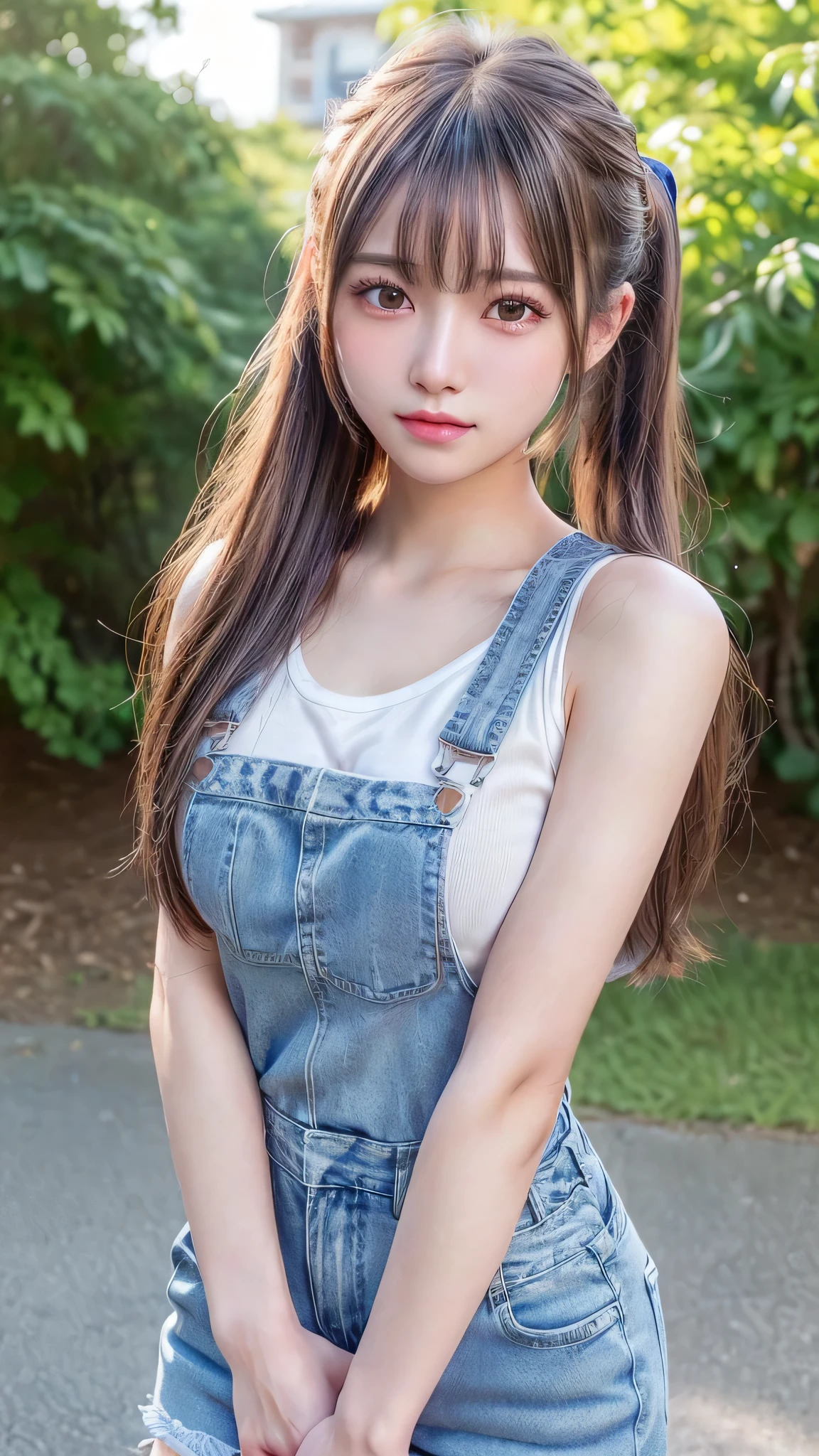 blush,,small breasts,long hair ponytail,outdoors,Denim shirt,denim overalls,close up of face,((8k, RAW photo, highest quality, pieces fly:1.2), (reality, realistic:1.4), (Highly detailed 8k wallpaper), written boundary depth, cinematic lighting, soft light, Details beauty eye,Shiny and smooth light brown ponytail, asymmetrical bangs, shiny skin, super dense skin ,High resolution, high detail, detailed hairstyle, detailed beauty face, hyper real, perfect limbs, perfect anatomy ,1 Japanese girl,famous japanese idol, perfect female body,shy smile,short eyelashes,double eyelid,look straight here,Hair style is ponytail,