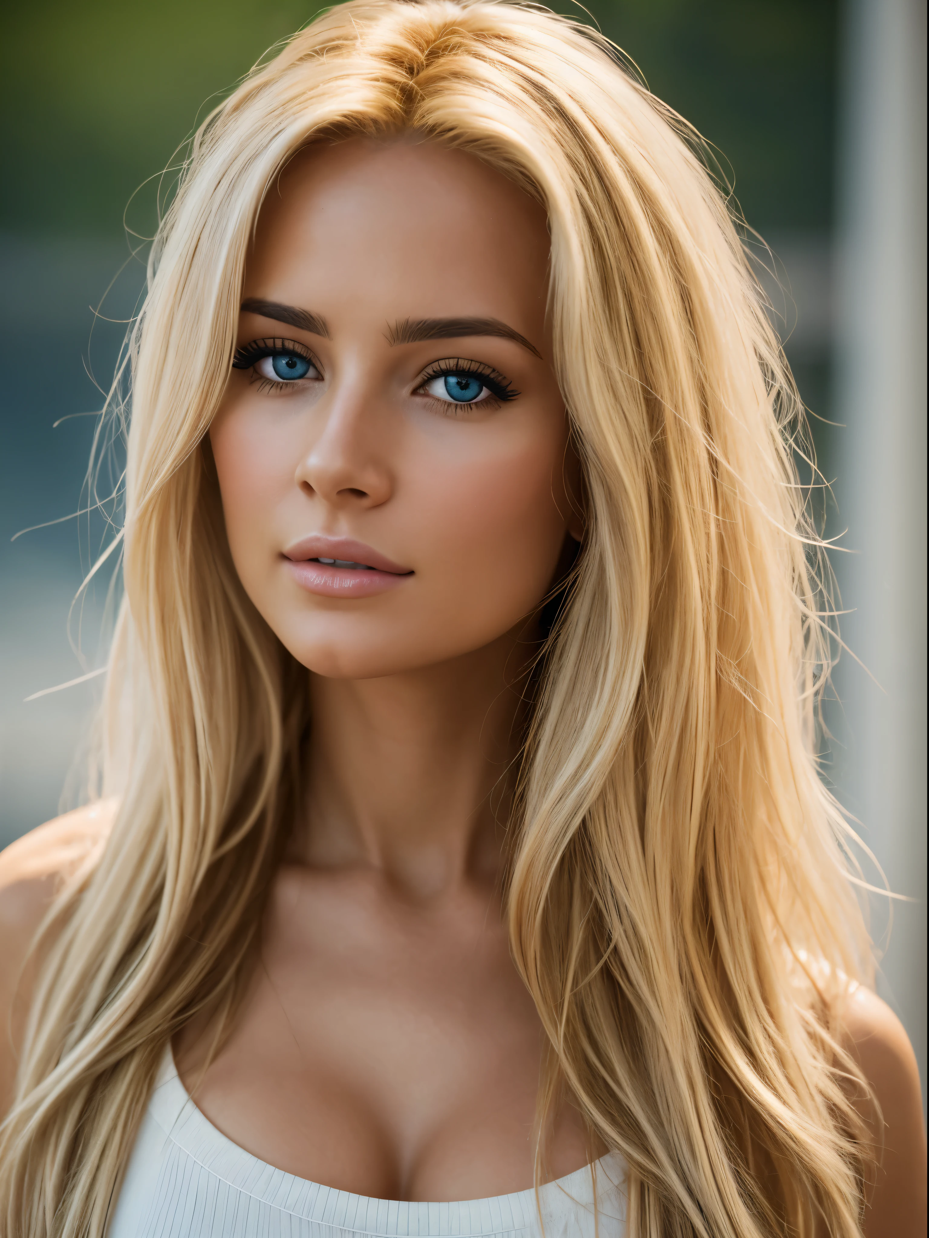 Photorealistic of an incredibly beautiful woman with blonde hair, windigen, unordentlichen Haaren, im Stil des Panasonic Lumix S Pro 50mm f/1.4, light beige and dark azure, Promi-Bilder-Mashups, soft realism, Barbiecore, Unreal Engine 5, 32k uhd, luminous quality, swiss realism, Niji 5