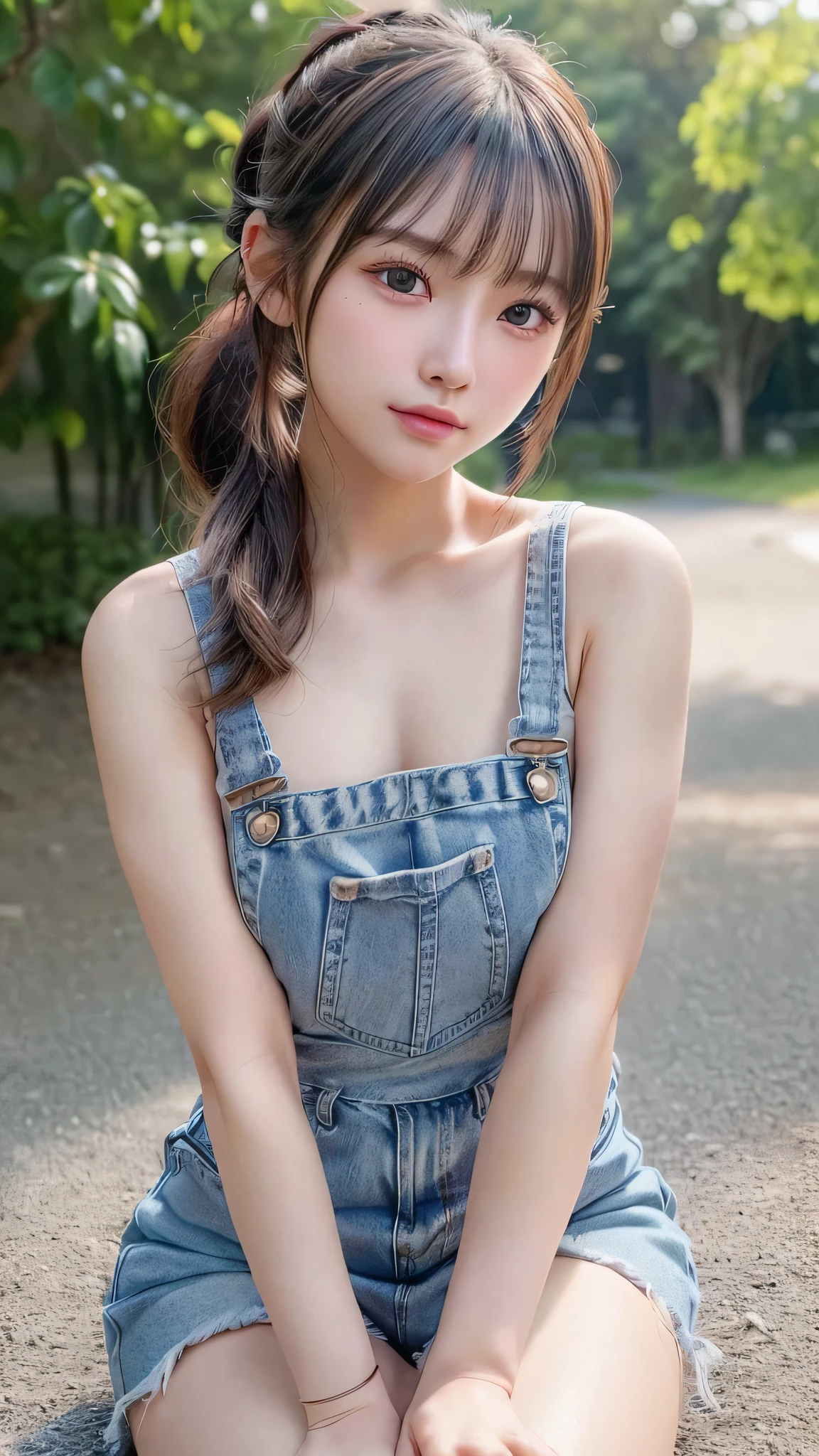 blush,,small breasts,long hair ponytail,outdoors,Denim shirt,denim overalls,close up of face,((8k, RAW photo, highest quality, pieces fly:1.2), (reality, realistic:1.4), (Highly detailed 8k wallpaper), written boundary depth, cinematic lighting, soft light, Details beauty eye,Shiny and smooth light brown ponytail, asymmetrical bangs, shiny skin, super dense skin ,High resolution, high detail, detailed hairstyle, detailed beauty face, hyper real, perfect limbs, perfect anatomy ,1 Japanese girl,famous japanese idol, perfect female body,shy smile,short eyelashes,double eyelid,look straight here,Hair style is ponytail,