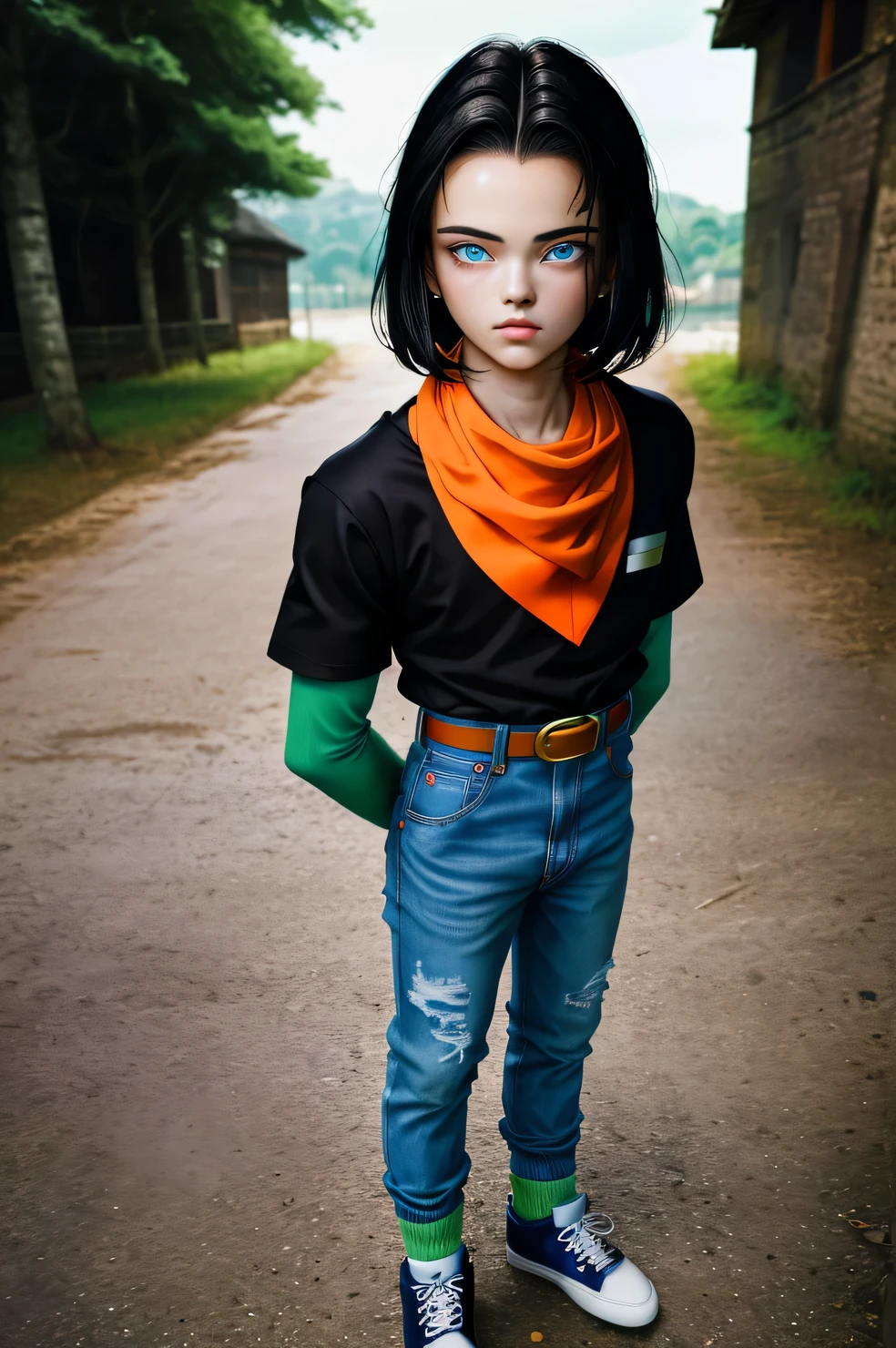 (masterpiece), best quality, expressive eyes, perfect face, highres, 1 boy, solo, android 17 , (male body:1.3), blue eyes, black short hair,parted hair,short hair, black shirt, jeans, layered shirt, white sleeves,orange bandana, blue sneakers, green socks, brown belt, red patch, outdoor, landscape, standing on floor, portrait, looking at the viewer, An exquisite masterpiece of top quality and high resolution featuring Marnie. Big sleepy eyes, Aqua eyes、Glowing under the dim light. black short hair, magazine style, dark backbround, pierce look at the camera