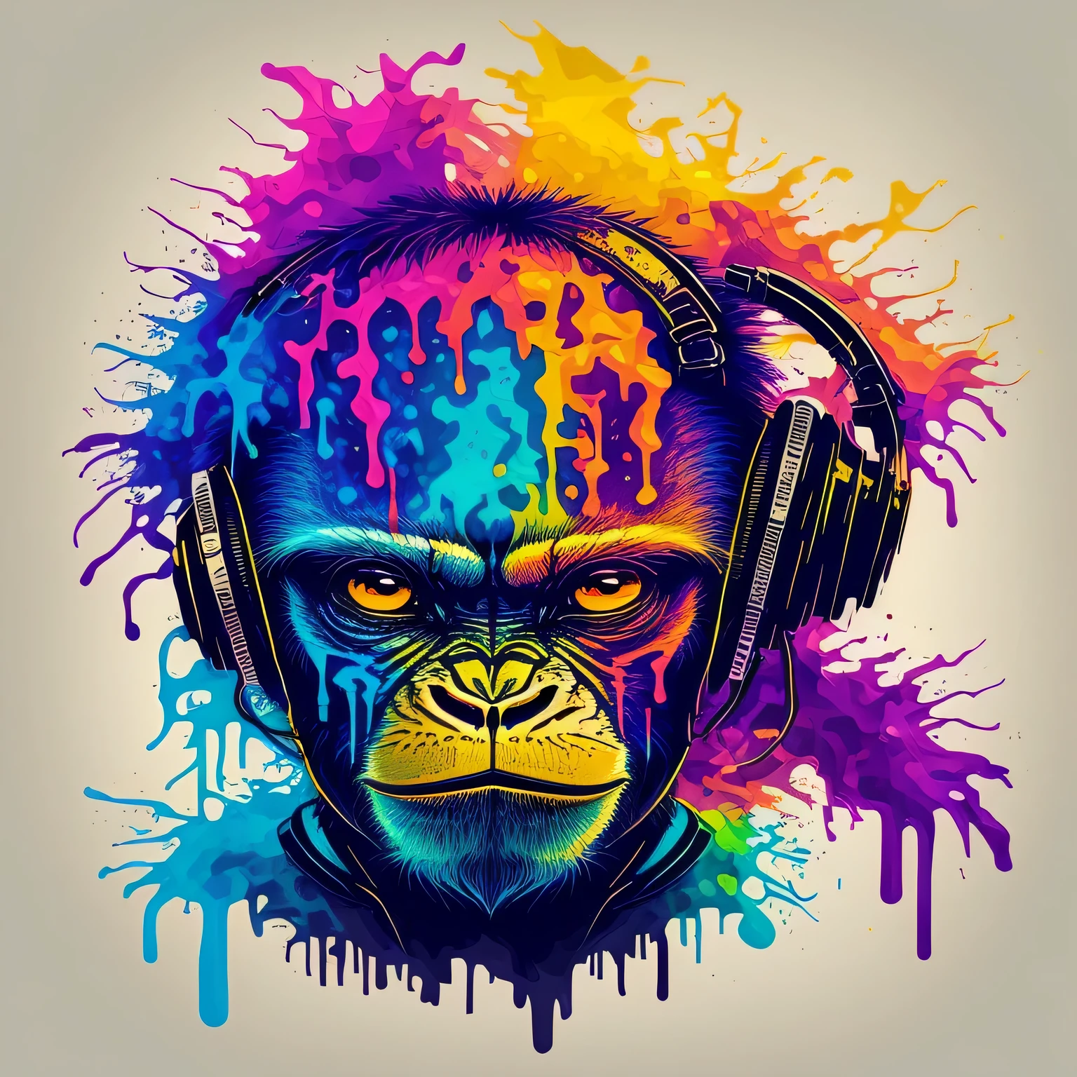 Sticker, (a portrait of Cyberpunk Monkey with colored fluid), t-shirt logo in conical thin contour style, transparent background, spelling vision, art in (empty background:1.4), high detail for print, sharp vectors