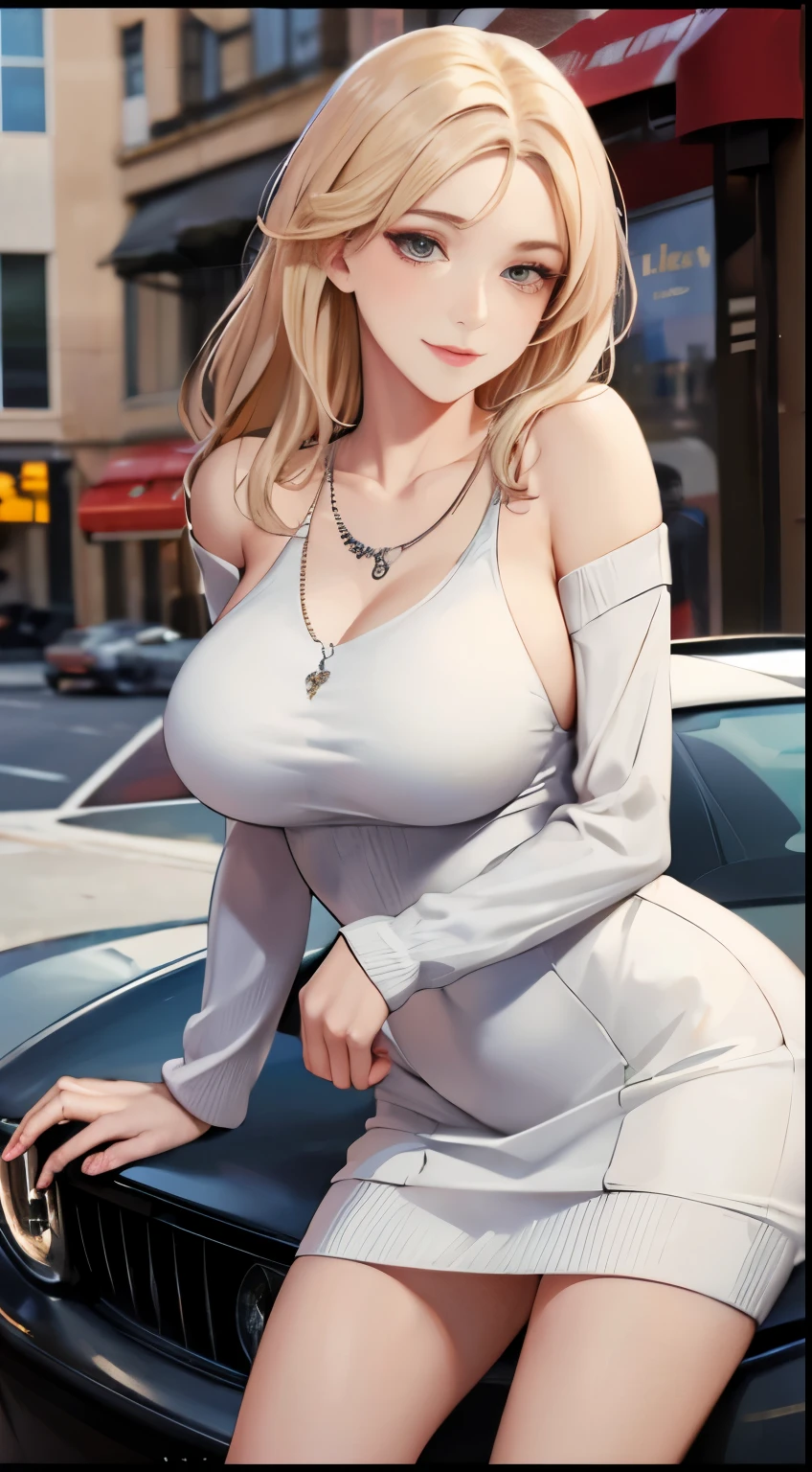 ((Best Quality, 8k, Masterpiece:1.3)), Focus:1.2, Perfect Body Beauty:1.4, Buttocks:1.2, ((Delicate Hair)), (Sweater Dress:1.1) , (Sports car, street: 1.2), Highly detailed face and skin texture, Detailed eyes, Double eyelids, whitening skin, Big breasts, smile, wearing necklaces, rings, people sitting in cars with their buttocks up,