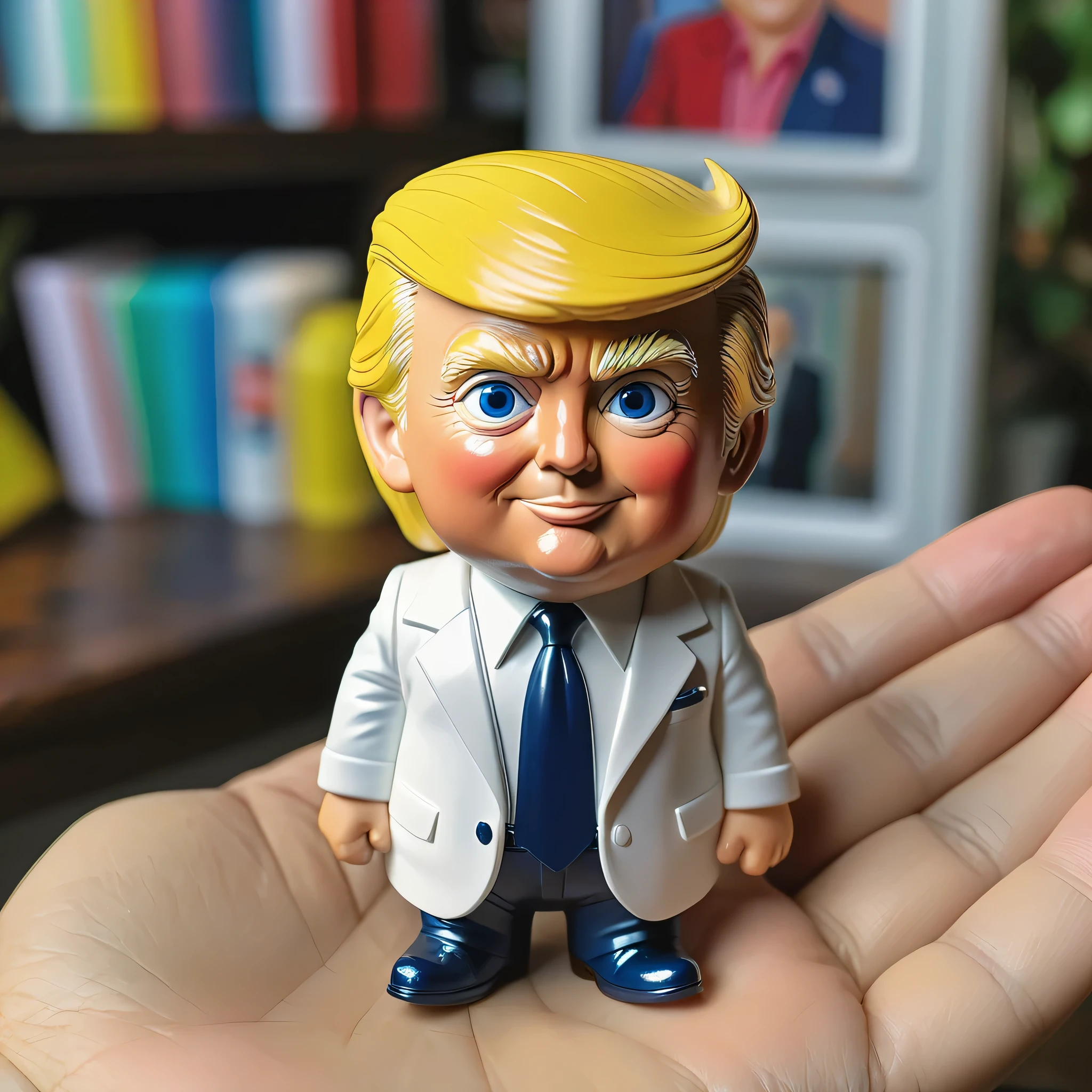 (best quality,high detail,3D,plastic surface),donald trump as a cute plastic figurine,wearing a blue business suit and red tye, thumbs up, white background,playful,detailed face,cute expression,miniature size,toy-like appearance,accurate likeness,colorful,collectible quality,perfection in form,meticulous craftsmanship,small-scale sculpture,vibrant colors,attention to detail,realistic texture,smooth and glossy surface,carefully sculpted features,expressive eyes,friendly smile,expressing joy and happiness,memorable pose,intricate design,life-like hair,artistic interpretation,modern art style,vivid colors,shiny finish,perfect resemblance,perfect scale model,confident posture,charismatic personality,delicate and charming,adorable miniature,uniquely posed,model-like look,meticulous painting,faithful representation,distinctive hairstyle,pop culture icon,popular among collectors,expressive gestures,accurate proportions,unique art piece,eye-catching and fun,perfect gift for Trump supporters and collectors alike,innovative design,limited edition,meticulous attention to facial features and expressions,exquisite craftsmanship,excellent attention to clothing details and accessories,iconic symbol of politics and popular culture,a conversation starter,memorable and distinctive design. no background