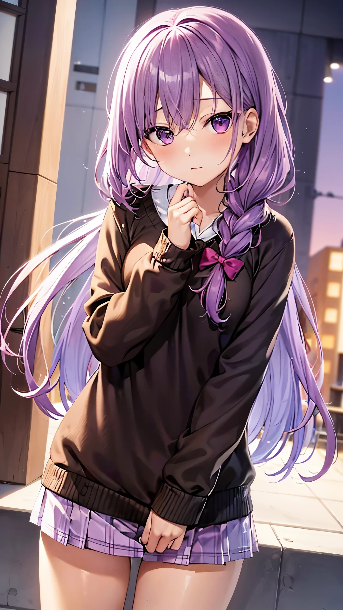 purple hair girl, shyุ 7 ปี,  fit, Pale pink eyes, long hair,Green braid tied in bows left and right...........small breasts, Wear a brown sweater......., Wear a black miniskirt........ From America...,(shy).....The background is snowy.... 4K Photos
