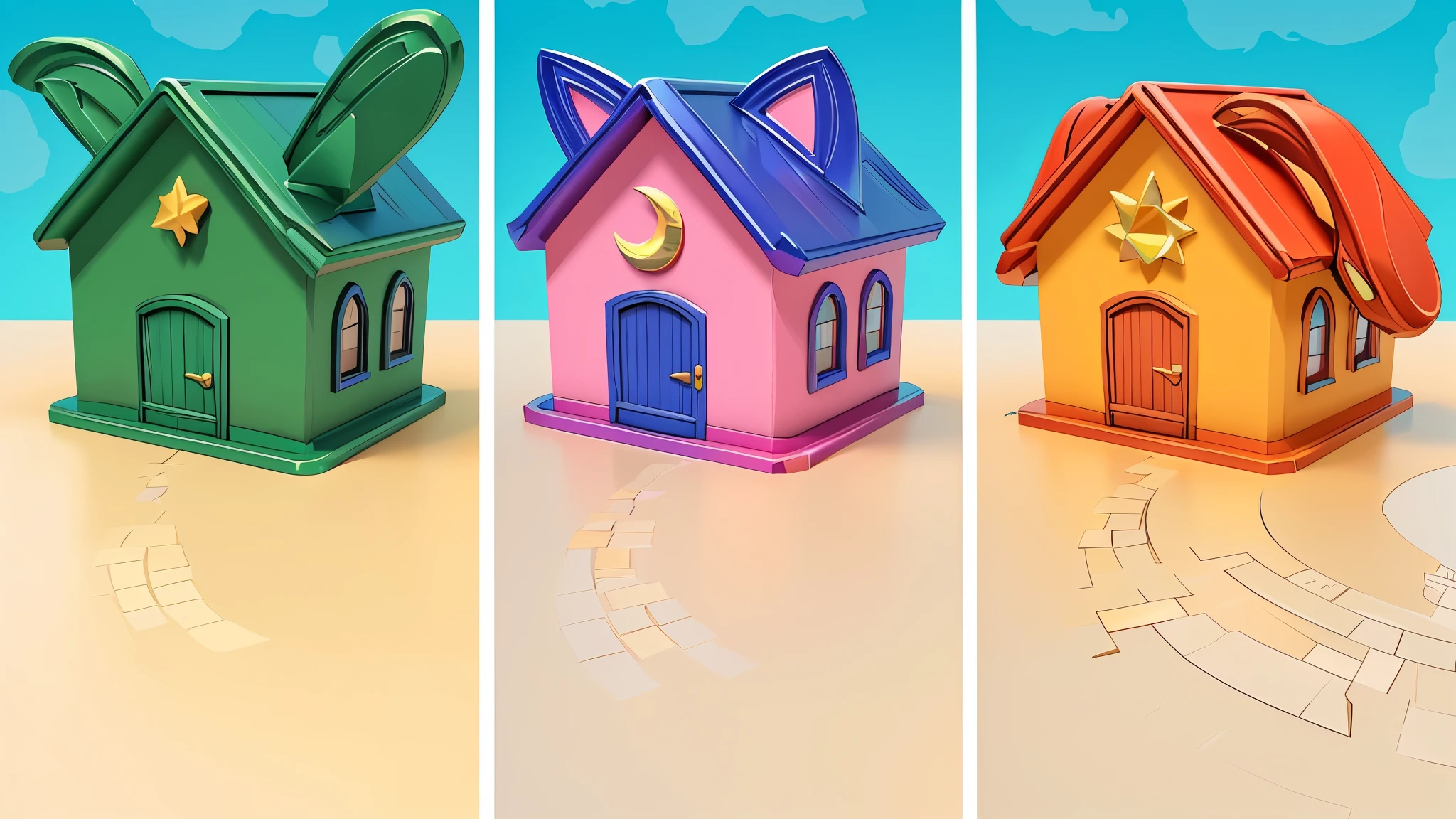 three houses of different colors with a crescent and a star on the roof, sunshine and quaint houses, in a Candy Land style house, 3D icon for mobile game, stylized digital illustration, Stylized game art, 3 d stylize scene, cartoony shaders, stylized 3d render, stylized 3D rendering, 3D rendering stylized