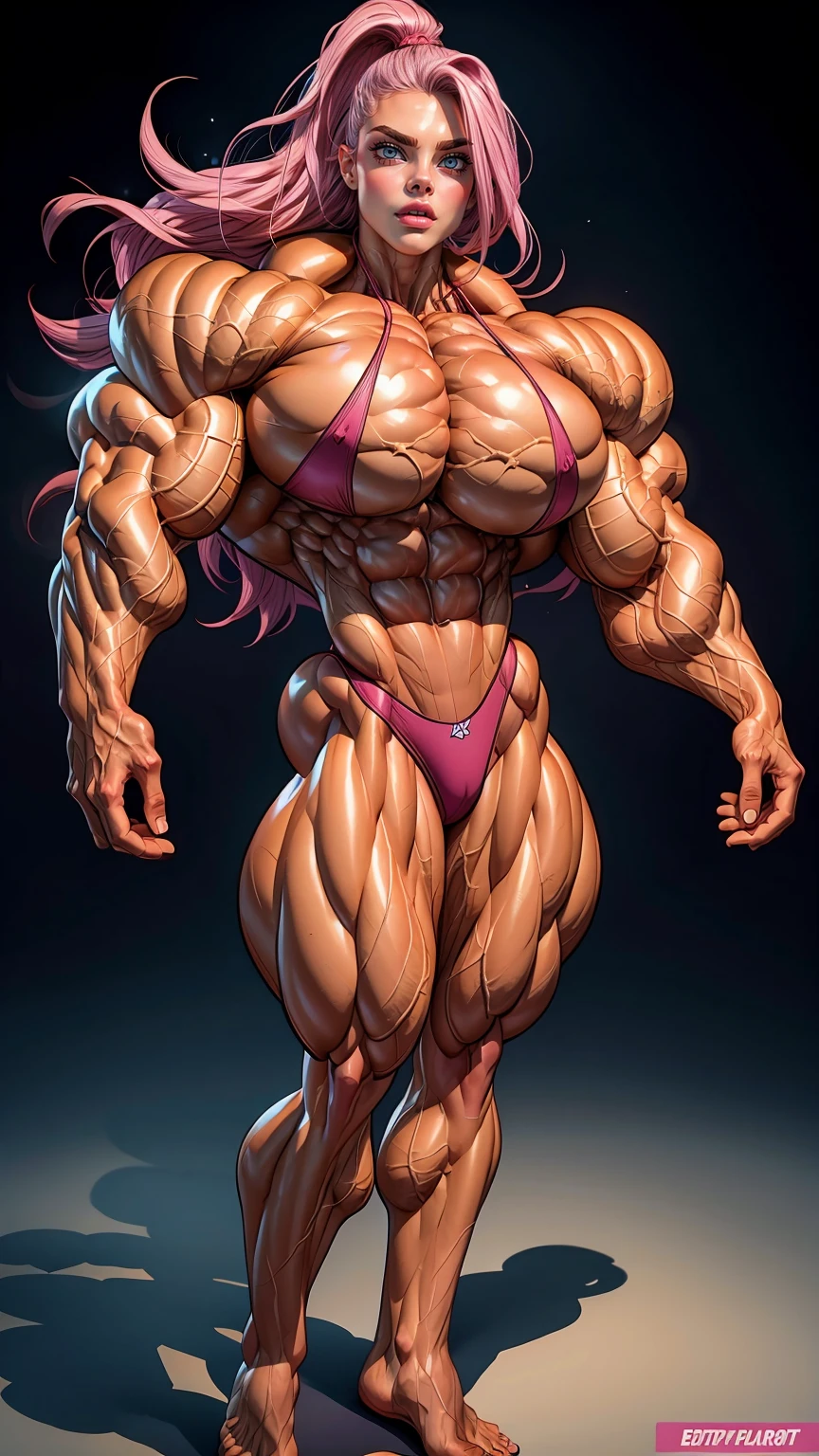 (1 girl), (cara delevingne), young girl, muscular masculine physique, seductive face, seductive look, long pink hair, perfect muscular body, super skinny legs, (naked:1.25), exposed vagina, (huge muscular arms:1.45),