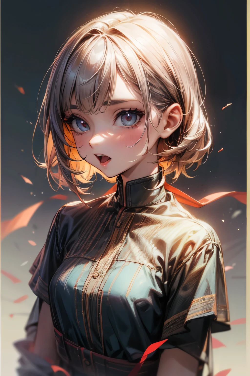 ((Masterpiece)), (Anime:1.3), ((best quality)), (RAW photo: 1.2), (High Definition:1.3), (Professional Photography:1.2), (12 years old), cute girl, Ritual Dress, open mouth, ruined Ancient cities, cute eyes, long eyelashes, Glossy skin, (makeup red lipstick),