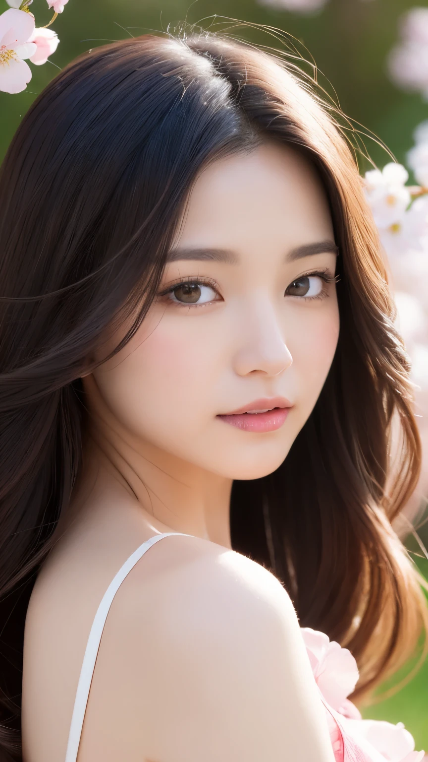 (A logo、​masterpiece、8K、masutepiece、Raw photo、Fantastic、Best Quality、Photorealistic and ighly detailed CG integrated 8k wallpaper、hightquality、ighly detailed、epic poem、Particle effect、Dynamic effects、depth of fields、Cinematic Light、Lens Flare、Ray tracing)、Fantasia、 (Beauty 1 person、doress、Dress、Cherry blossom pattern、A dark-haired、Beautiful face、Real Face、beautiful details eyes beautiful skin)、my hair dances in the wind、Hair flutters in the wind、Hair jumps、Pink cherry blossom tree、Petals flutter、Sakura blizzard、Superb view、morning glow、Sun in the background、the wind、