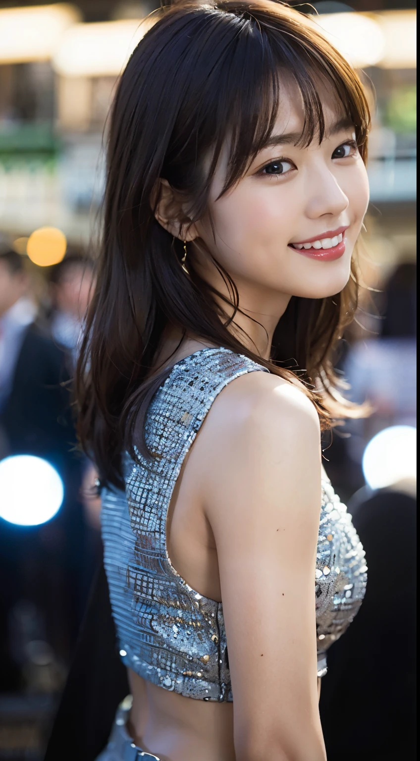 (8k、Raw photo、highest quality、masterpiece:1.2)、(realistic、Photoreal:1.37)、super detailed、超A high resolution、1 girl、see the beholder、beautiful and detailed face、laughter、narrow、(slim waist) :1.3)、shortcut、Fine and beautiful skin、skin texture、floating hair、professional lighting、human body as a whole、brown hair