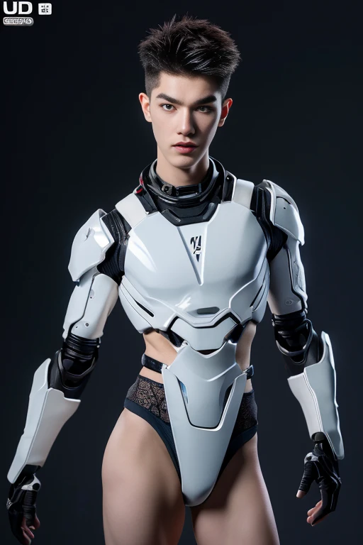 Sculpture design，Figures，GK model，The whole body of the character，Shirtless muscular man,  wearing nothing on upper body,  Expose muscles，base，Wu Yifan，Handsome cybernetic boy looking at camera lingerie detailed muscular reality masterpiece，musculous , 16k resolution , ultra-high clarity , hyperrealism, uhd , full length shot. , glan 