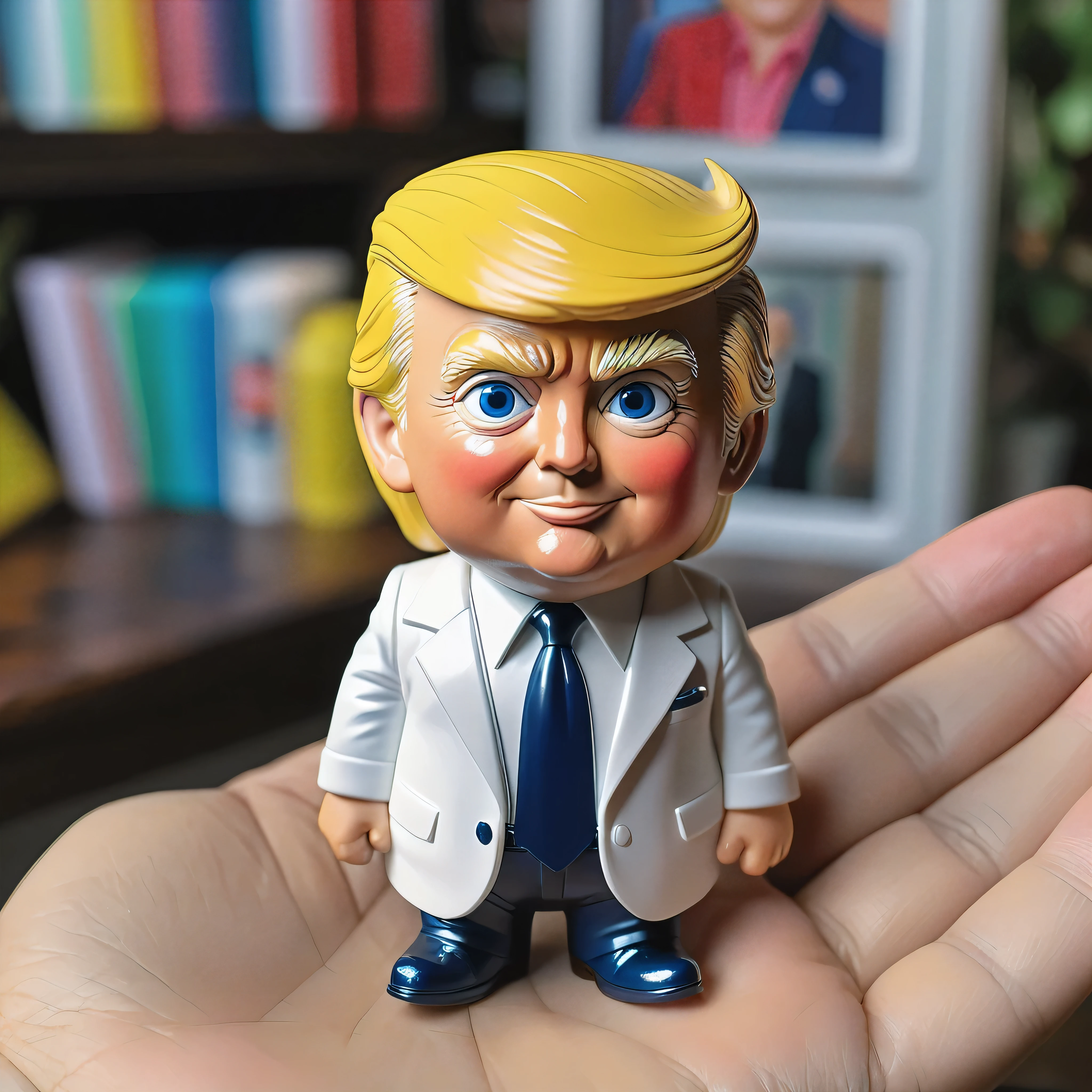 (best quality,high detail,3D,plastic surface),donald trump as a cute plastic figurine,wearing a blue business suit and red tye, thumbs up, white background,playful,detailed face,cute expression,miniature size,toy-like appearance,accurate likeness,colorful,collectible quality,perfection in form,meticulous craftsmanship,small-scale sculpture,vibrant colors,attention to detail,realistic texture,smooth and glossy surface,carefully sculpted features,expressive eyes,friendly smile,expressing joy and happiness,memorable pose,intricate design,life-like hair,artistic interpretation,modern art style,vivid colors,shiny finish,perfect resemblance,perfect scale model,confident posture,charismatic personality,delicate and charming,adorable miniature,uniquely posed,model-like look,meticulous painting,faithful representation,distinctive hairstyle,pop culture icon,popular among collectors,expressive gestures,accurate proportions,unique art piece,eye-catching and fun,perfect gift for Trump supporters and collectors alike,innovative design,limited edition,meticulous attention to facial features and expressions,exquisite craftsmanship,excellent attention to clothing details and accessories,iconic symbol of politics and popular culture,a conversation starter,memorable and distinctive design. no background