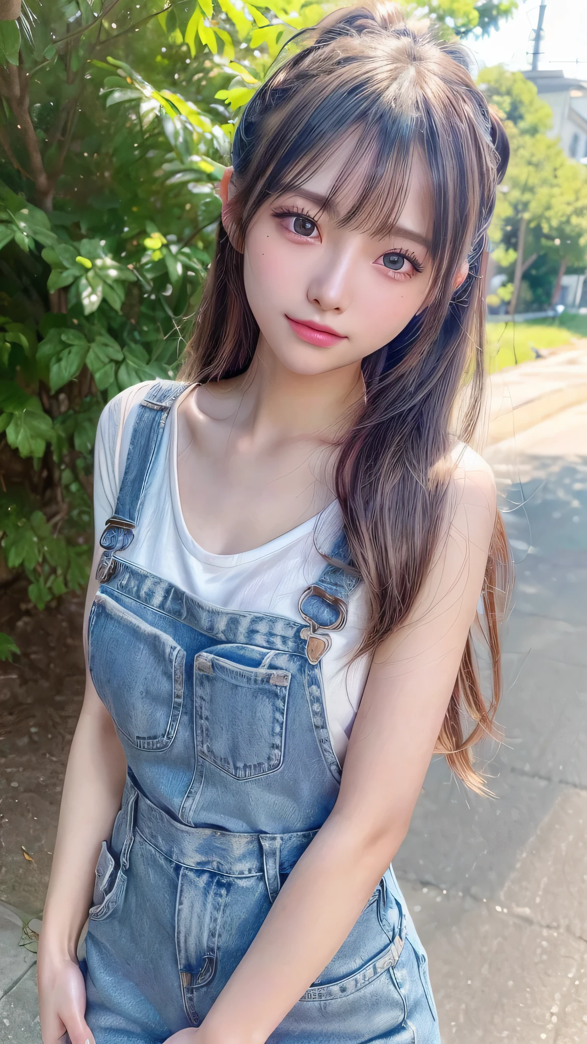 blush,14 years old,small breasts,long hair ponytail,european cityscape,denim overalls,close up of face,((8k, RAW photo, highest quality, pieces fly:1.2), (reality, realistic:1.4), (Highly detailed 8k wallpaper), written boundary depth, cinematic lighting, soft light, Details beauty eye,Shiny and smooth light brown ponytail, asymmetrical bangs, shiny skin, super dense skin ,High resolution, high detail, detailed hairstyle, detailed beauty face, hyper real, perfect limbs, perfect anatomy ,1 Japanese girl,famous japanese idol, perfect female body,shy smile,short eyelashes,double eyelid,look straight here,Hair style is ponytail,