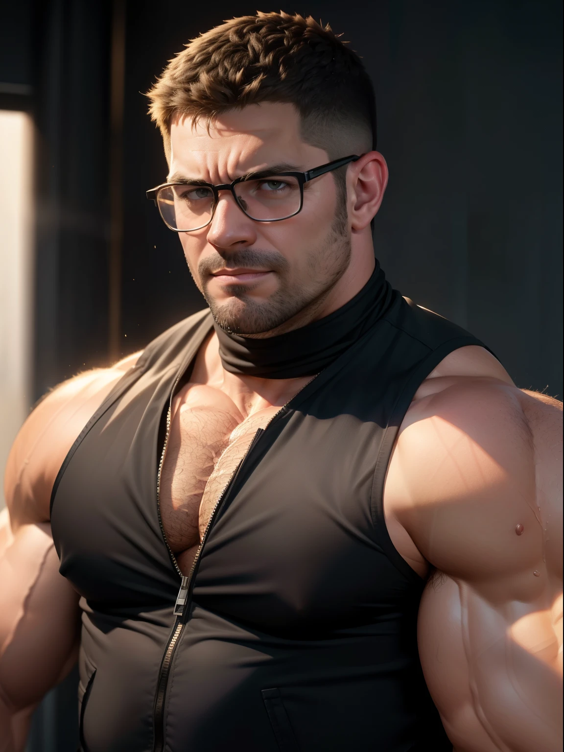 (masterpiece, intricately detailed, highest resolution, best quality:1.2), (doujin), a cocky Gordon Freeman Instagram influencer,a 24 y.o muscle stud with a muscular physique sitting on a chair with black eyes,dark-skinned male, wearing a ((open jacket, chav, armbands)), (excessive cum), (cum on body), (cum drip), flaccid penis,saggy balls,hairy chest,vascular,muscle striations,soft light,fantastic realism, ((colth))
