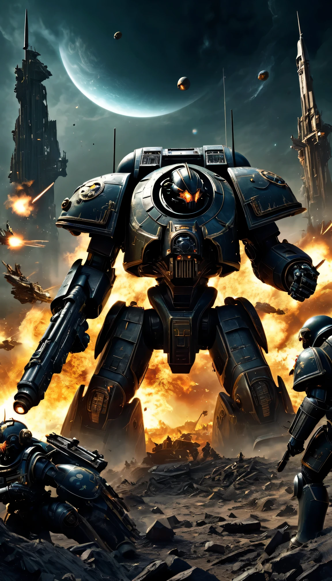 (best quality,Super detailed),Warhammer 40k,The final battle,Gloomy atmosphere,Heroic warriors,huge armies,overwhelming firepower,dystopian cityscape,Explosion and chaos,weird lights,Metal armor and weapons,cybernetic enhancement,alien creature,Detailed battle scars,A desperate struggle,Doomsday setting,Powerful war machine,Bleak atmosphere,epic conflicts,interstellar war,iconic symbol,Devilish existence,war-torn scorched earth,Energy weapons and projectiles,Gorgeous banners and badges,Heroic sacrifice,command leader,battle adrenaline,threatening war cry,majestic battleship,glorious victory,doomed fate,Stunning special effects,devastating artillery,eternal conflict,Immersive battlefield,Seamless combat between factions