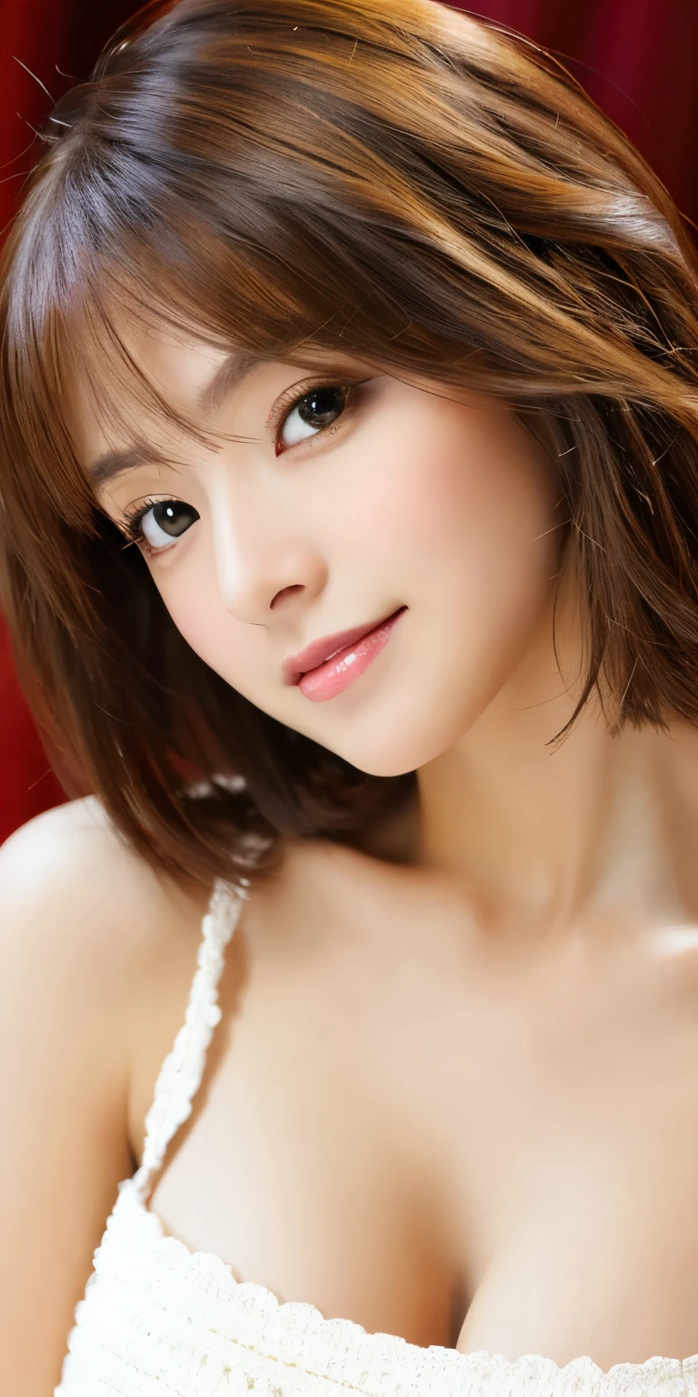 masterpiece、highest quality、High resolution、table top、wallpaper、realistic、bright lighting、professional lighting、face light、smooth lighting、japanese woman、adult、Beautiful woman、action、gravure、sexy、poor、super beautiful、beautiful skin、beautiful and detailed eyes、detailed face、slim、Moderately、short hair、brunette colored hair、brown eyes、look at the camera、Let's play the ukulele、