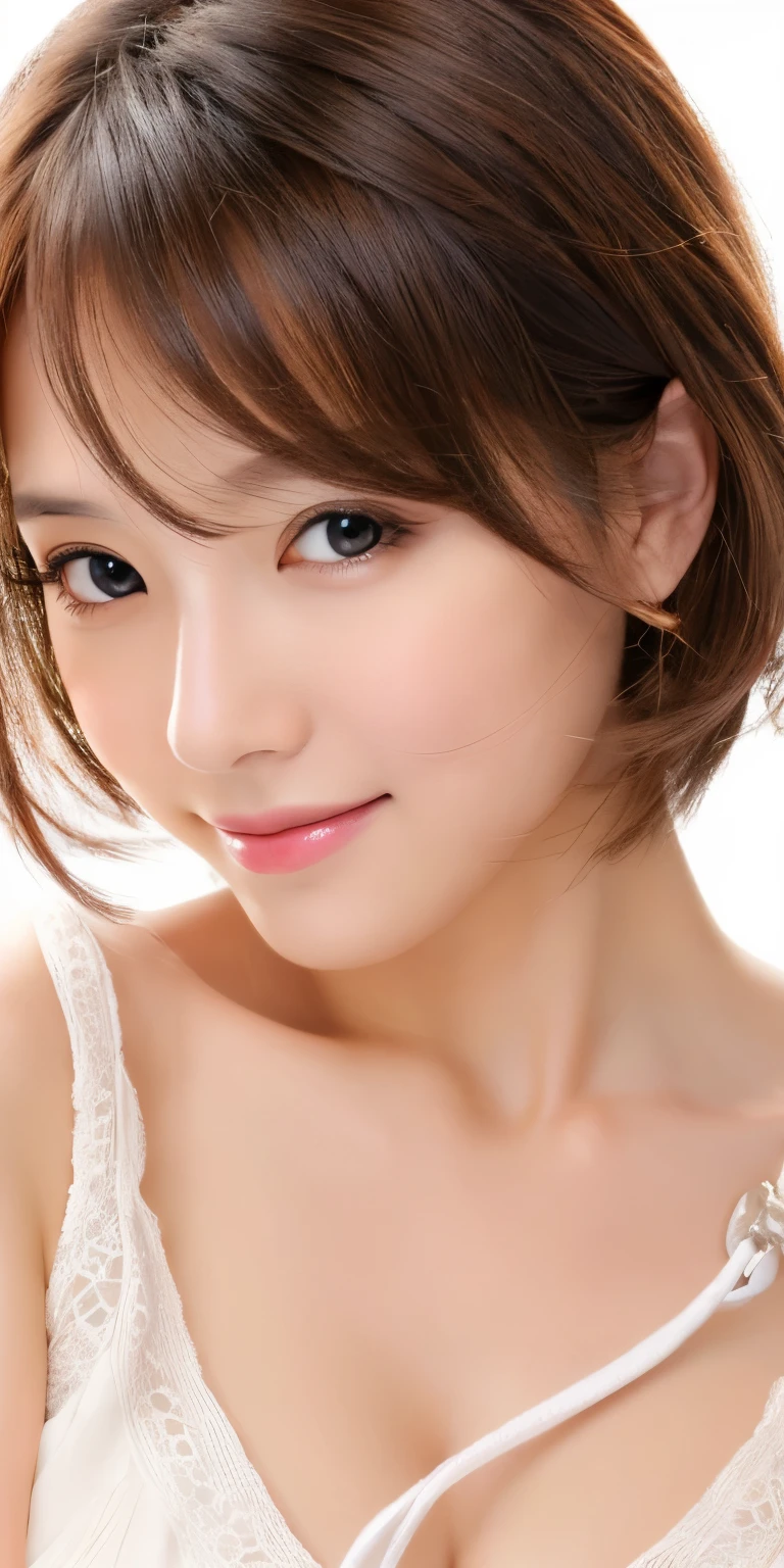 masterpiece、highest quality、High resolution、table top、wallpaper、realistic、bright lighting、professional lighting、face light、smooth lighting、japanese woman、adult、Beautiful woman、action、gravure、sexy、poor、super beautiful、beautiful skin、beautiful and detailed eyes、detailed face、slim、Moderately、short hair、brunette colored hair、brown eyes、look at the camera、Let&#39;s play the ukulele、