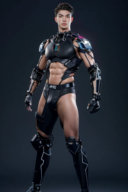 Sculpture design，Figures，GK model，The whole body of the character，Shirtless muscular man,  wearing nothing on upper body,  Expose muscles，base， Handsome cybernetic boy looking at camera lingerie detailed muscular reality masterpiece，musculous , 16k resolution , ultra-high clarity , hyperrealism, uhd , full length shot , bare thighs