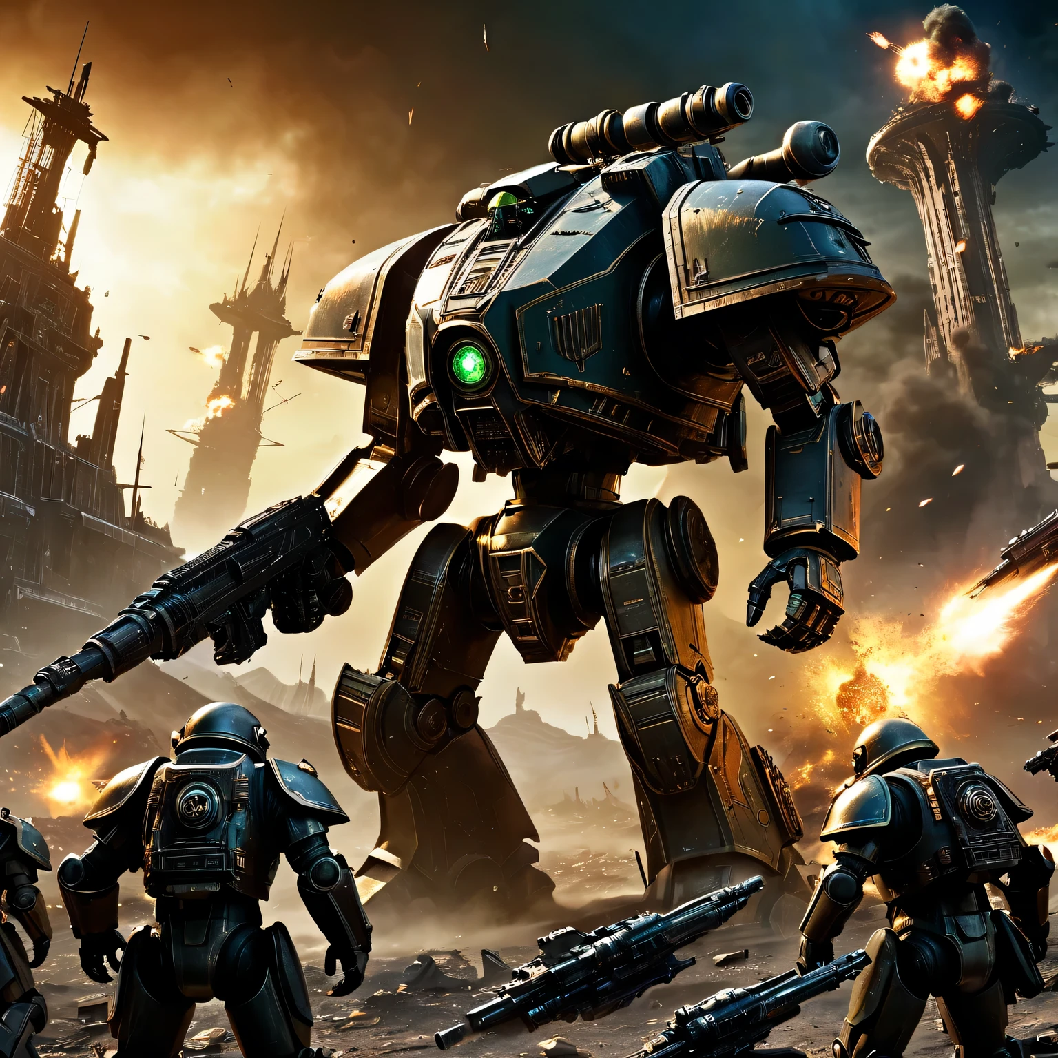 (best quality,Super detailed),Warhammer 40k,The final battle,Gloomy atmosphere,Heroic warriors,huge armies,overwhelming firepower,dystopian cityscape,Explosion and chaos,weird lights,Metal armor and weapons,cybernetic enhancement,alien creature,Detailed battle scars,A desperate struggle,Doomsday setting,Powerful war machine,Bleak atmosphere,epic conflicts,interstellar war,iconic symbol,Devilish existence,war-torn scorched earth,Energy weapons and projectiles,Gorgeous banners and badges,Heroic sacrifice,command leader,battle adrenaline,threatening war cry,majestic battleship,glorious victory,doomed fate,Stunning special effects,devastating artillery,eternal conflict,Immersive battlefield,Seamless combat between factions