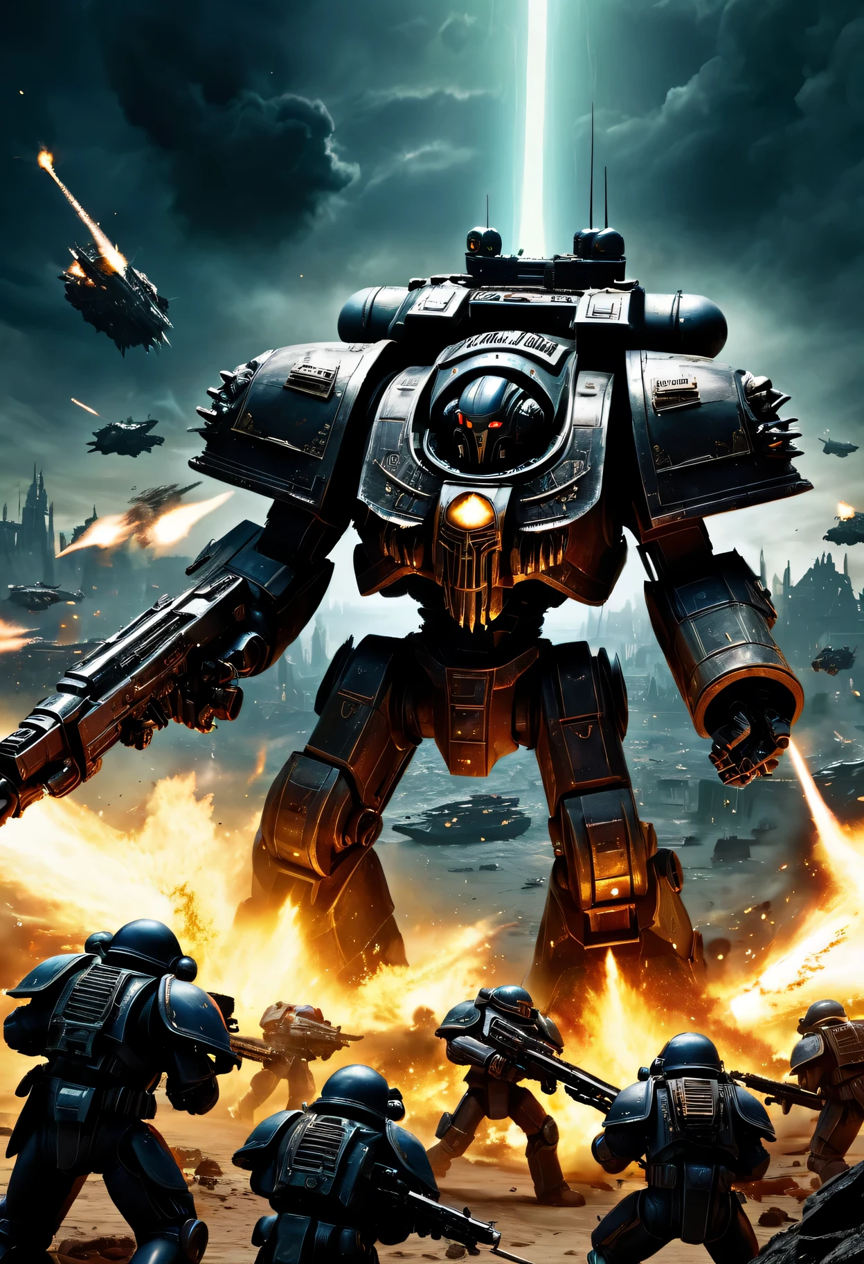 (best quality,Super detailed),Warhammer 40k,The final battle,Gloomy atmosphere,Heroic warriors,huge armies,overwhelming firepower,dystopian cityscape,Explosion and chaos,weird lights,Metal armor and weapons,cybernetic enhancement,alien creature,Detailed battle scars,A desperate struggle,Doomsday setting,Powerful war machine,Bleak atmosphere,epic conflicts,interstellar war,iconic symbol,Devilish existence,war-torn scorched earth,Energy weapons and projectiles,Gorgeous banners and badges,Heroic sacrifice,command leader,battle adrenaline,threatening war cry,majestic battleship,glorious victory,doomed fate,Stunning special effects,devastating artillery,eternal conflict,Immersive battlefield,Seamless combat between factions
