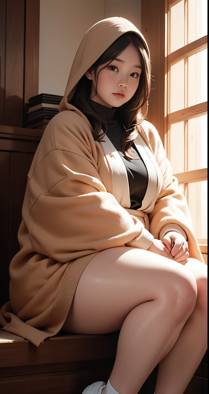 there is a woman sitting down with a longest brown hair, bbwchan, thicc, brown hijab outfit, brown hairstyle model, korean girl, korean woman, wearing brown robe, full length shot, alluring plus sized model, japanese goddess, clothed in hooded, voluptuous and arousing, portrait shot, curvy model, voluptuous body, wonderful, nene tanaka body , bbwchan, The overall atmosphere is smooth , haunting illustrations, extremely high-resolution details, photographic, realism pushed to extreme, fine texture, 4k, ultra-detailed, high quality, high contrast, red sneakers , cold atmosphere ,, cold atmosphere