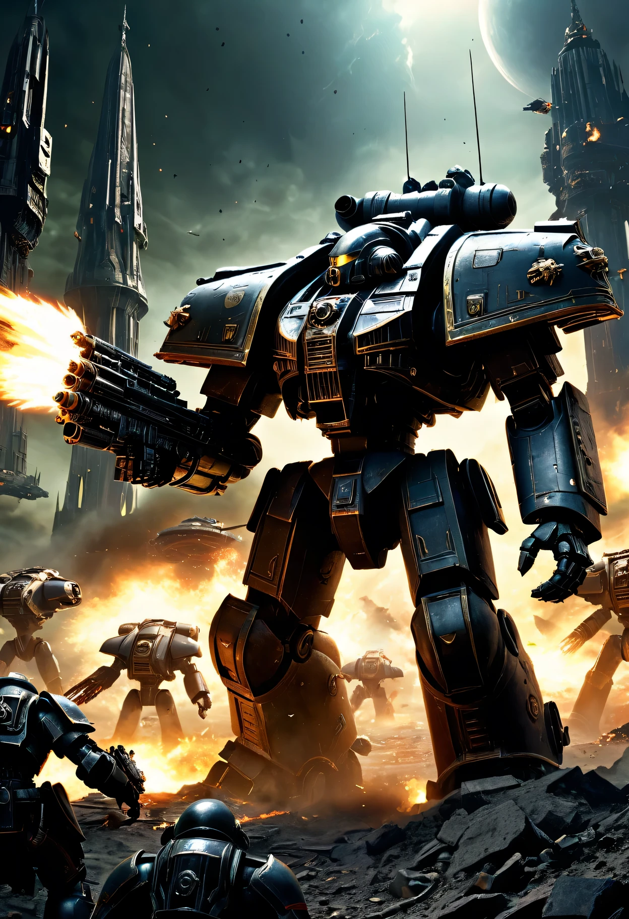 (best quality,Super detailed),Warhammer 40k,The final battle,Gloomy atmosphere,Heroic warriors,huge armies,overwhelming firepower,dystopian cityscape,Explosion and chaos,weird lights,Metal armor and weapons,cybernetic enhancement,alien creature,Detailed battle scars,A desperate struggle,Doomsday setting,Powerful war machine,Bleak atmosphere,epic conflicts,interstellar war,iconic symbol,Devilish existence,war-torn scorched earth,Energy weapons and projectiles,Gorgeous banners and badges,Heroic sacrifice,command leader,battle adrenaline,threatening war cry,majestic battleship,glorious victory,doomed fate,Stunning special effects,devastating artillery,eternal conflict,Immersive battlefield,Seamless combat between factions
