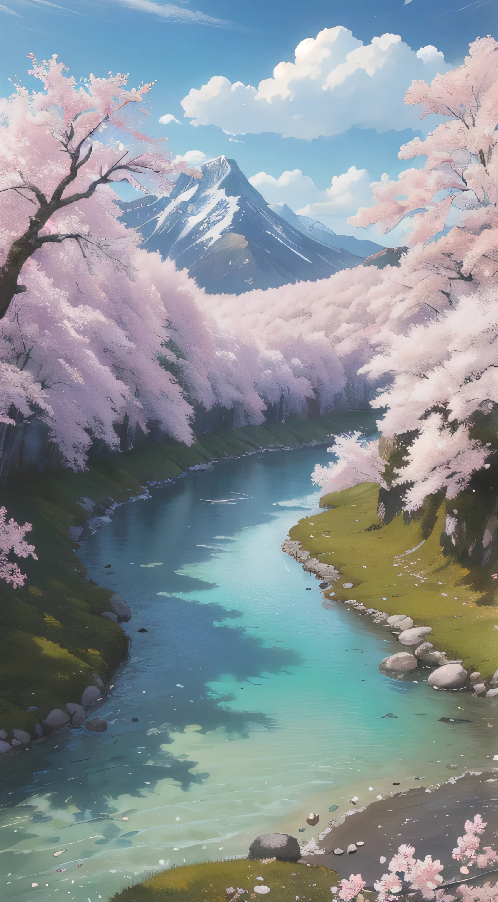 (masterpiece, highest quality, highest quality, official art,very detailed, colorful, most detailed, branch, mountains and rivers, cherry blossoms, petal, landscape, rain, wood, null, landscape、