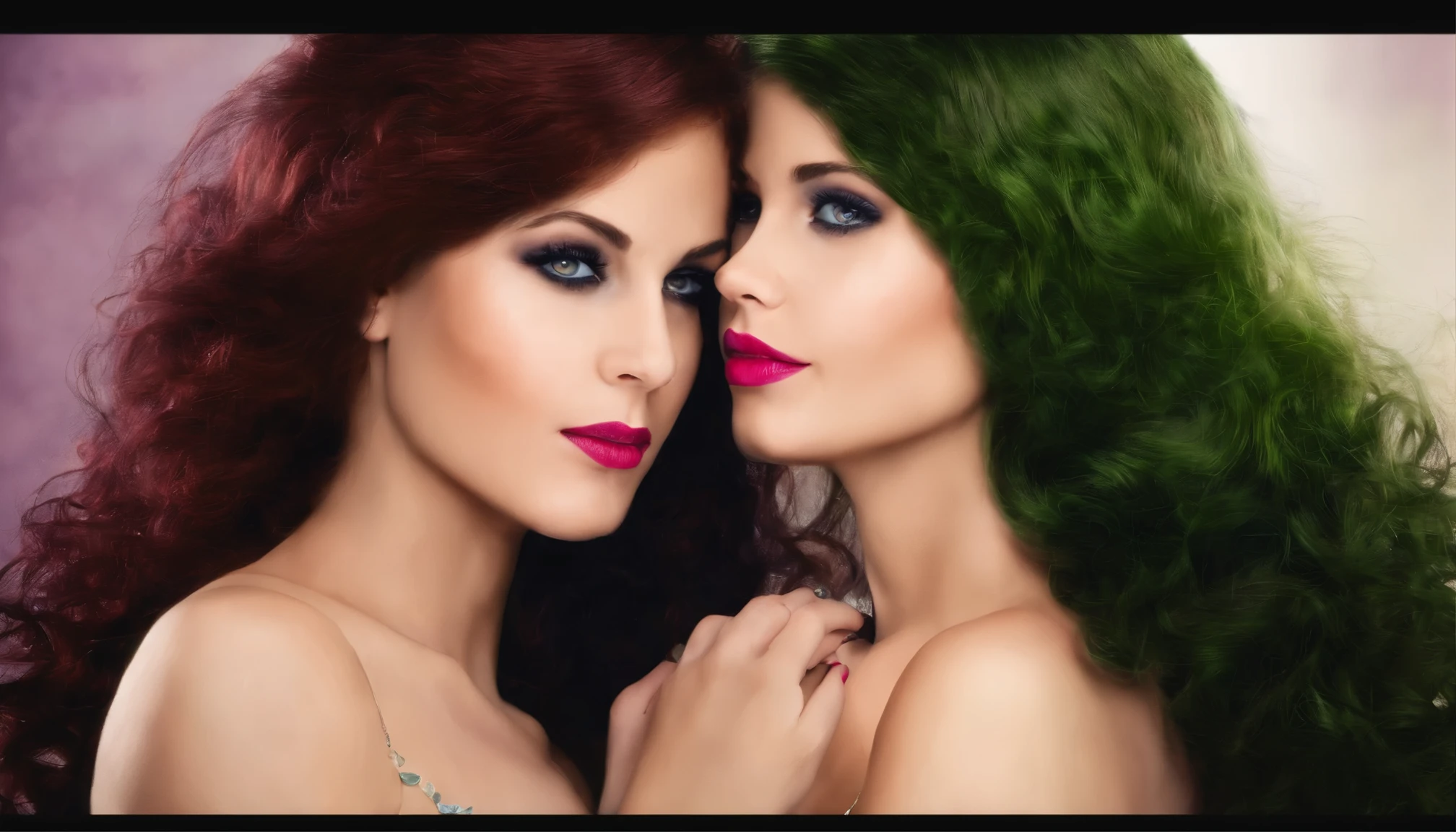 3 women , blond, brunette and red head, all long hair, bing Brest size D, one women has a flogger, one girl has a dildo, one girl has a butt handcuffs on her wrist arms in the air. all women are in lingerie and its from the wast up are around 24, close up on the faces