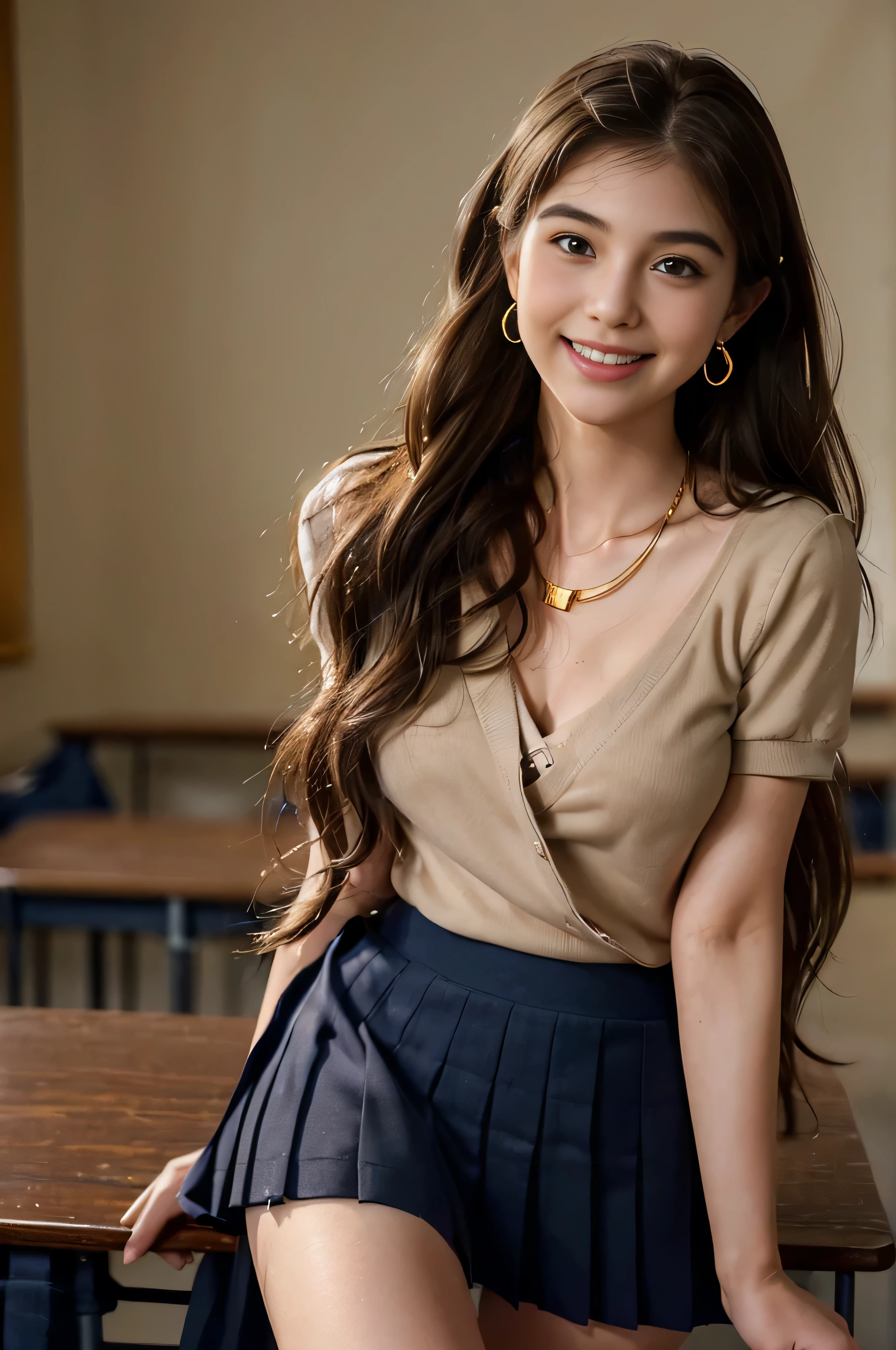 ((beautiful a girl:1.3))((school uniform:1.4))((rip in skirt:1.5))((panty shot:1.5))((high school))((erect nipples:1.3)),((navy blue skirt:1.3)) ((inside the classroom:1.3)) ((Thin_fabric:1.4)) ((random sexy pose:1.3)) ((flushed face:1.4)) ((chest:1.2)) ((Close-up:1.2)) highest quality、master piece、ultra high resolution、(photorealistic:1.4)、Raw photo、(real skin texture:1.3)、(film grain:1.3)、panorama、character portrait、very wide shot、narrow waist、cowboy shot、(in the dark、 deep shadow、low key、cold light、) night、(())、Streaming Tears、、Dust、Tyndall effect、(expression)、1 girl in、beautiful detailed eyes and face、white jabot、brown eyes、((brown hair:1.2)) ((whole body:1.3)) ((smile:1.3))((Super long brown hair:1.2))((Hair with loose waves inside:1.2)),((gold necklace＿Large earrings:1.2)),((shy smile:1.3)),
