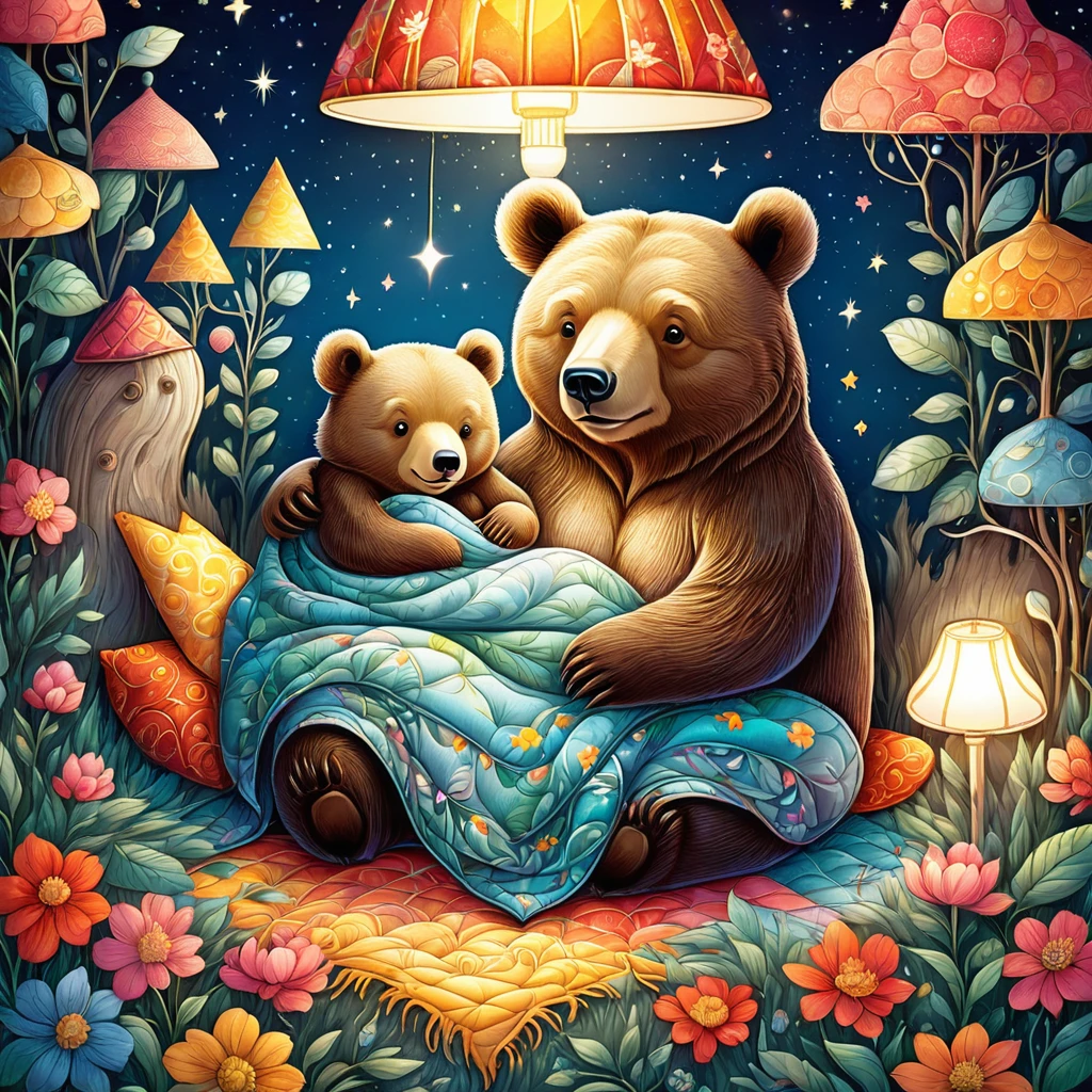 cuteAn illustration,underground:endure:In the hole,bear family:animal:hibernating:cute:Snuggle up close:sleep:comfortable and warm:looks happy,An illustration,pop,colorfulに,draw with thick lines,color,dim,lamp light,hibernatingのbear familyが眠っています:dream happy dreams,The nest is warm and full of happiness,,colorful,fancy,fantasy,patchwork:quilt,Detailed details,fluffy,randolph caldecott style