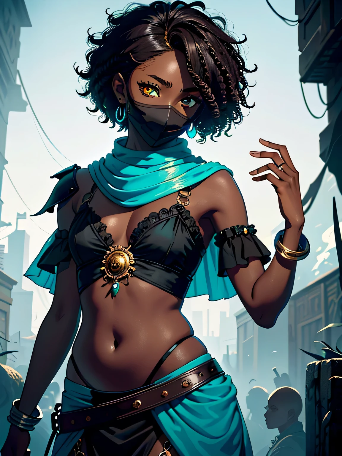 dark fantasy art, 1girl, (empty eye sockets), (dark brown skin), ((black-brown skin)), dark skin, (deep dark brown skin), blonde hair, (white yellowish hair), short hair, curly hair, (turquoise clothing), short turquoise silk clothes, silk face mask, open belly, chakram, highly detailed