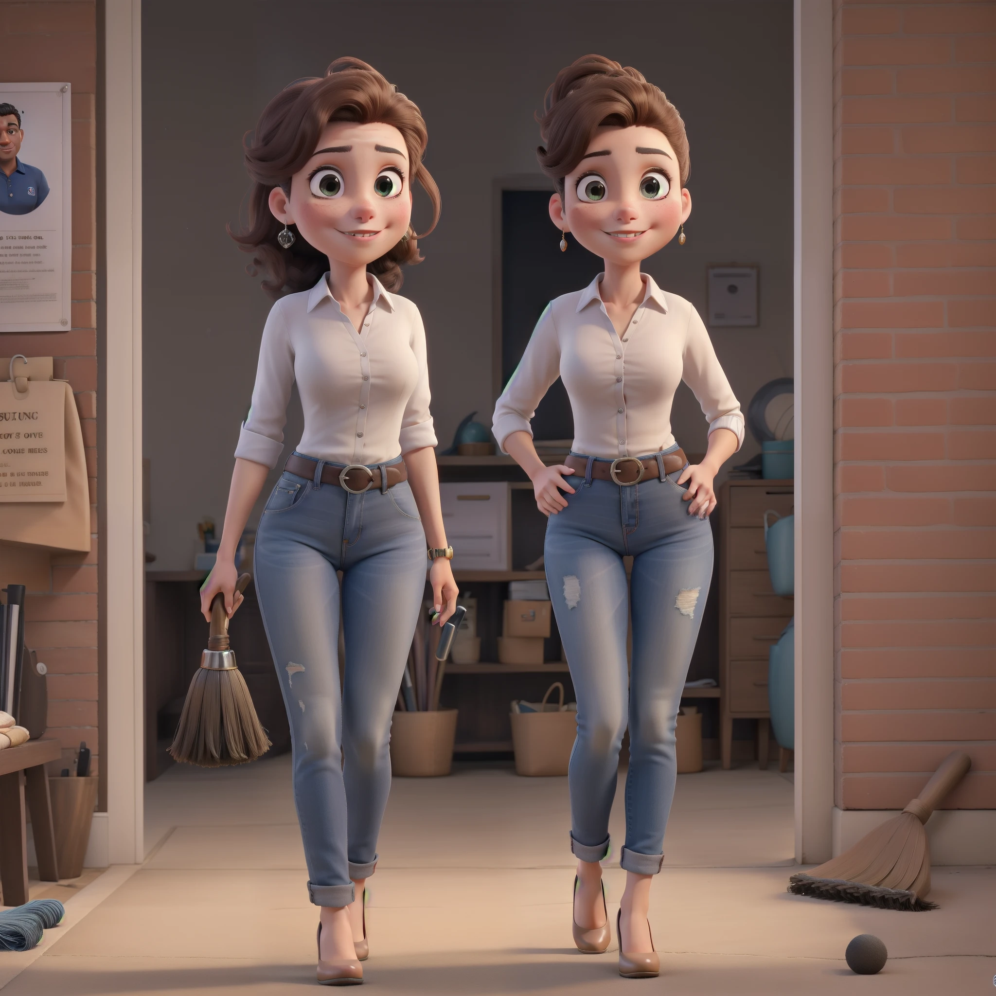Por favor, create a series of high-quality portraits of the character Aurora Arruda, A young and successful Brazilian businesswoman. She is a young woman, por volta de seus 28 anos, de pele branca, cabelos lisos, long and brown that reach to the waist. Em cada retrato, Aurora will be smiling, looking directly at the camera holding a broom, in different poses and scenarios. Furthermore, gostaria de explorar diferentes estilos de roupas para Aurora em cada retrato. She will be dressed in a navy blue polo collar shirt, Jeans and heels. Make sure the portraits convey Aurora's personality and versatility as a successful businesswoman in her new office. Por favor, provide a series of full-body images that highlight Aurora Arruda's beauty and confidence in various situations and with different outfits, Creating a collection of stunning portraits.
