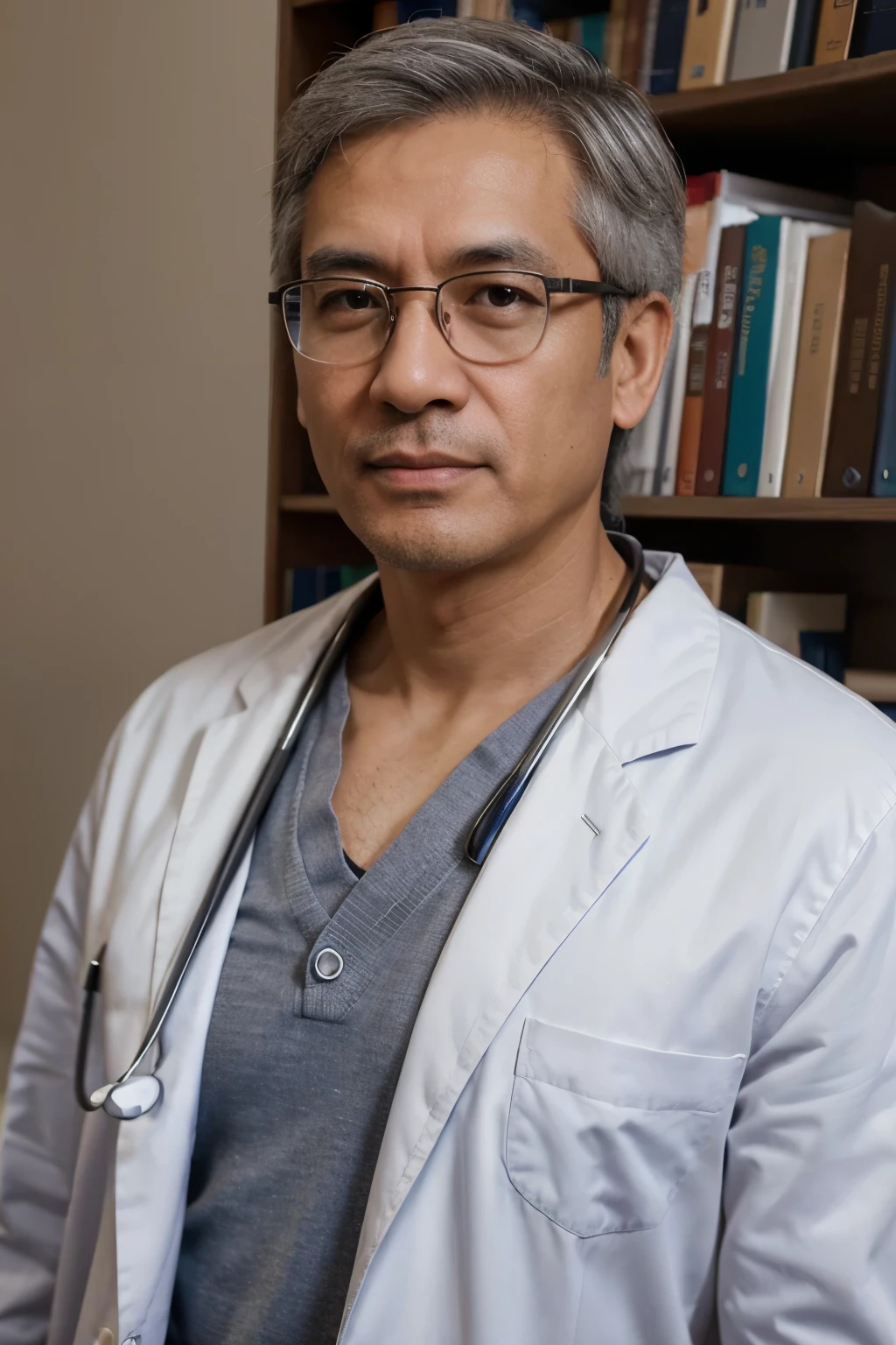 10k image quality, frame size 9:16, portrait of male doctor wearing white doctor's coat, Asian, gentle face, 50 years old, gray hair, wearing glasses, stethoscope on shirt , behind is a shelf with many books